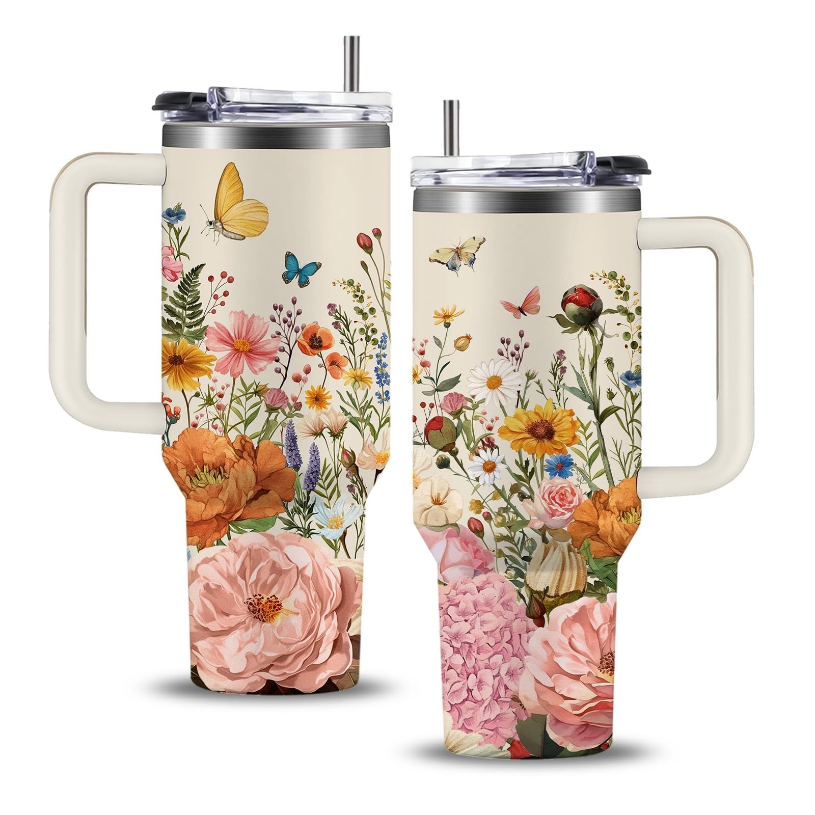 Floral Boho Tumbler 40oz, Flowers Gifts, Flower Coffee Cup Gifts for Women Gi…