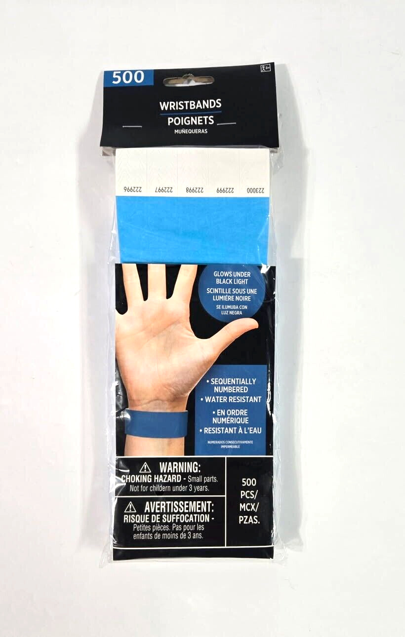 Amscan Wristbands Blue 500 Count Sequentially Numbered & Glows Under Black Light