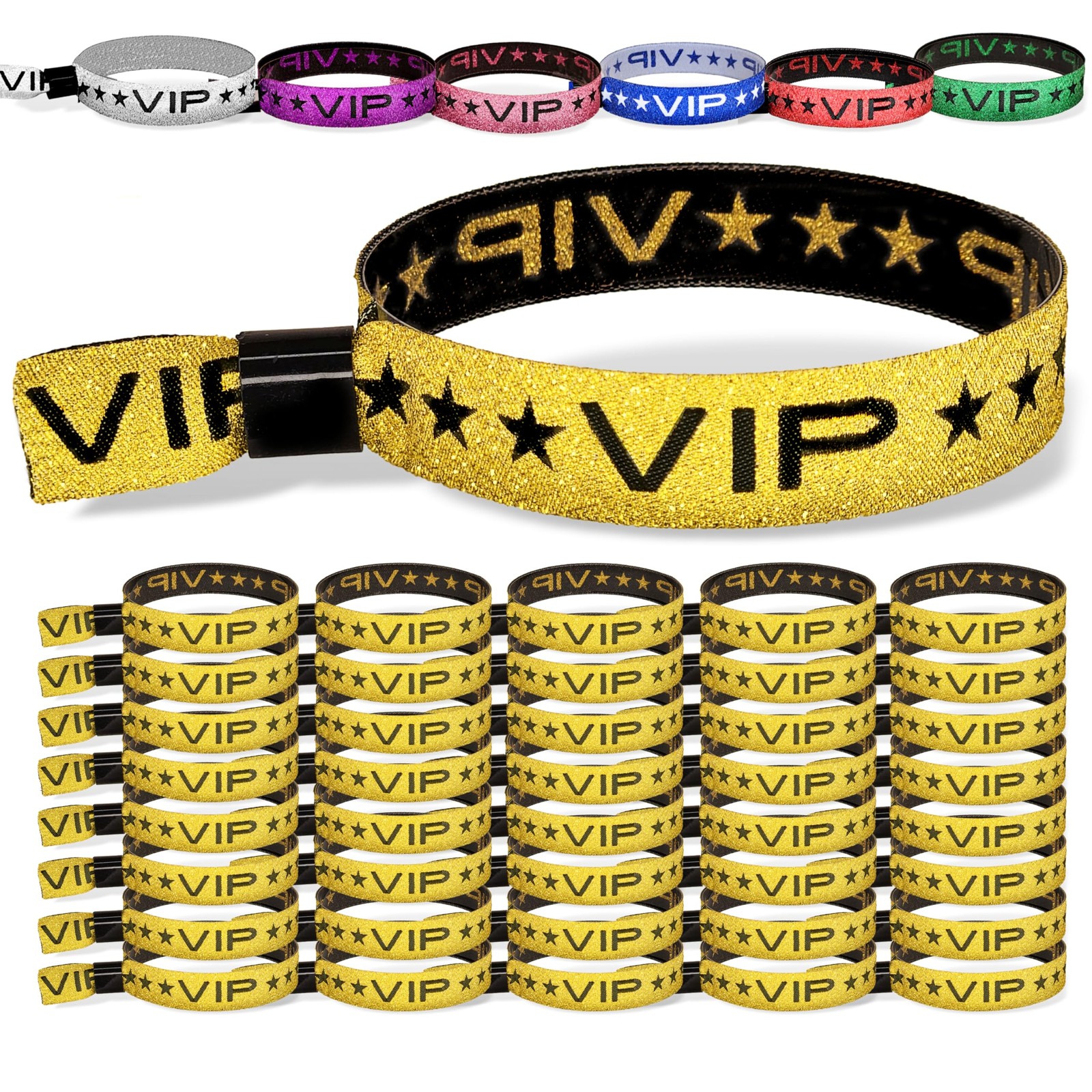 Glitter Gold VIP Party Wristbands – 100 Pack with Secure Locking Clip