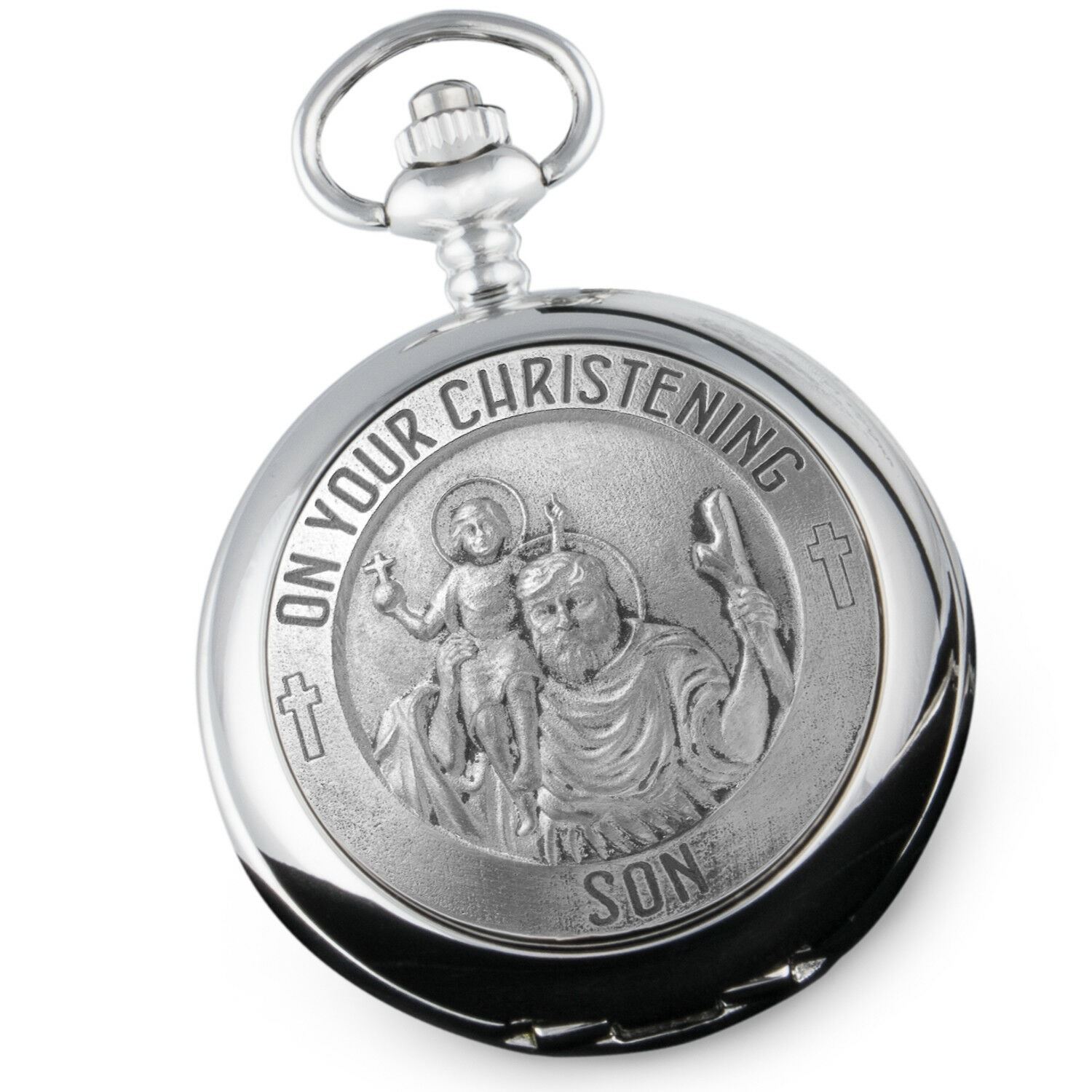 Christening Gift For Son Engraved Boys St Christopher Pocket Watch Gift Box MOP