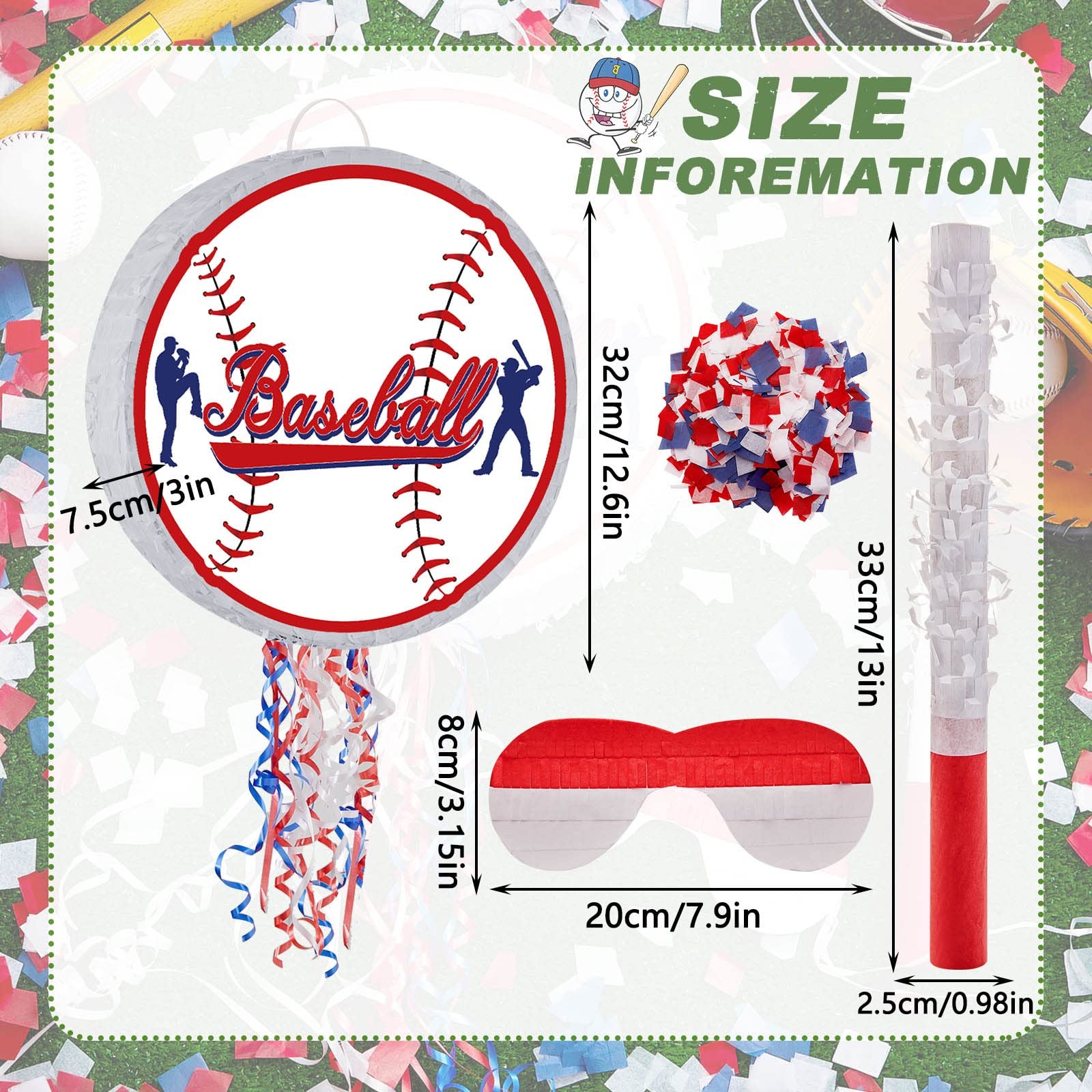 Baseball Piñata Set w/ Stick, Blindfold, Confetti – Birthday Party Game