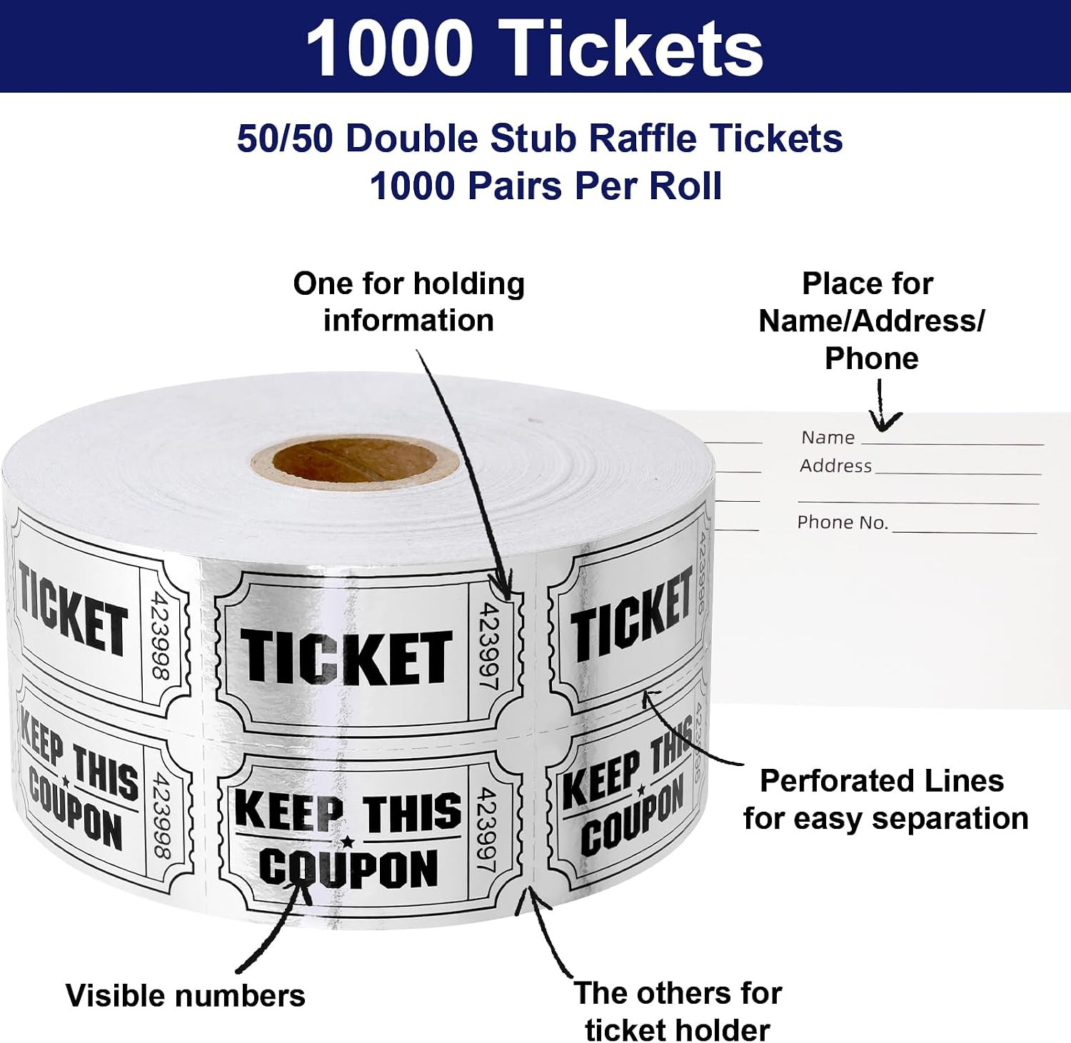 1000 Raffle Tickets Double Roll Metallic Silvery Foil Ticket for Events Carni…