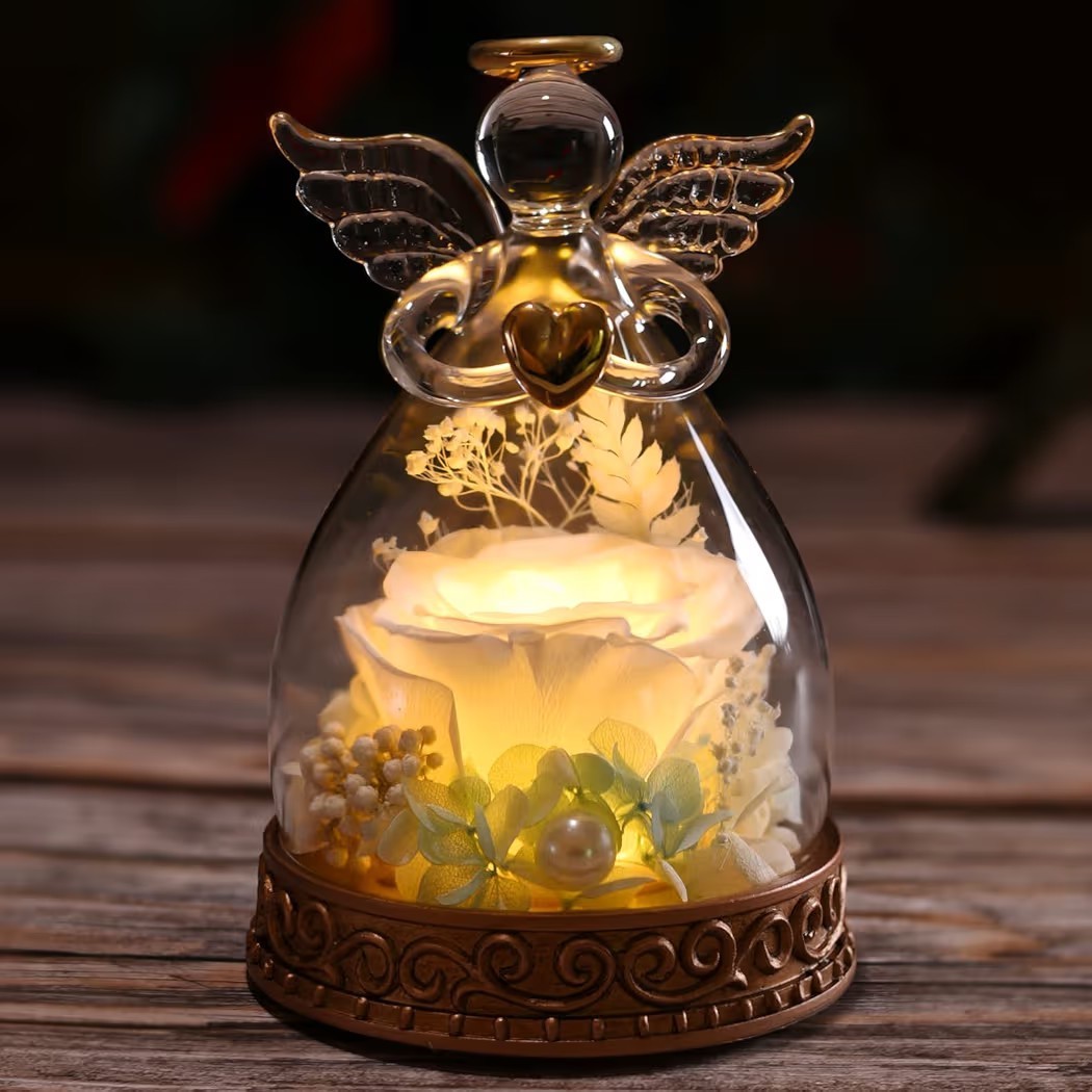 Angel Glass Dome Preserved Rose LED Light Gift Romantic Decor w/ Box