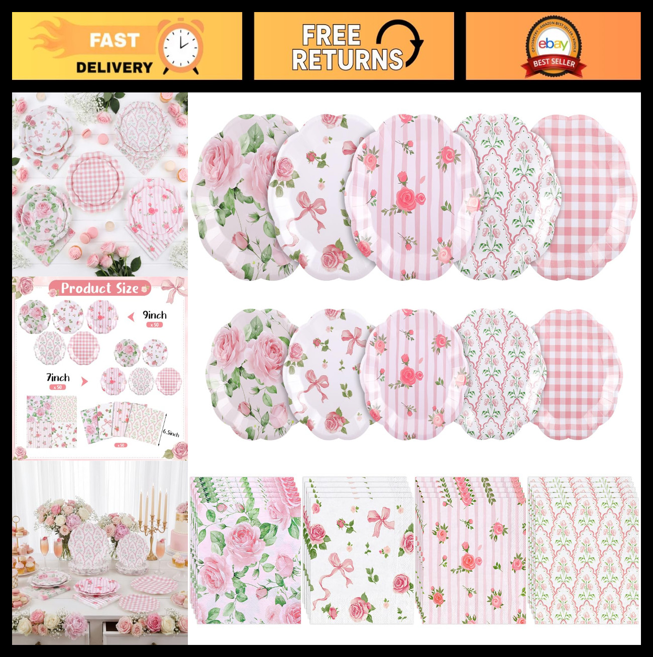 150 Pcs Floral Plates & Napkins Set – Pink Gingham Tea Party Supplies for Spring