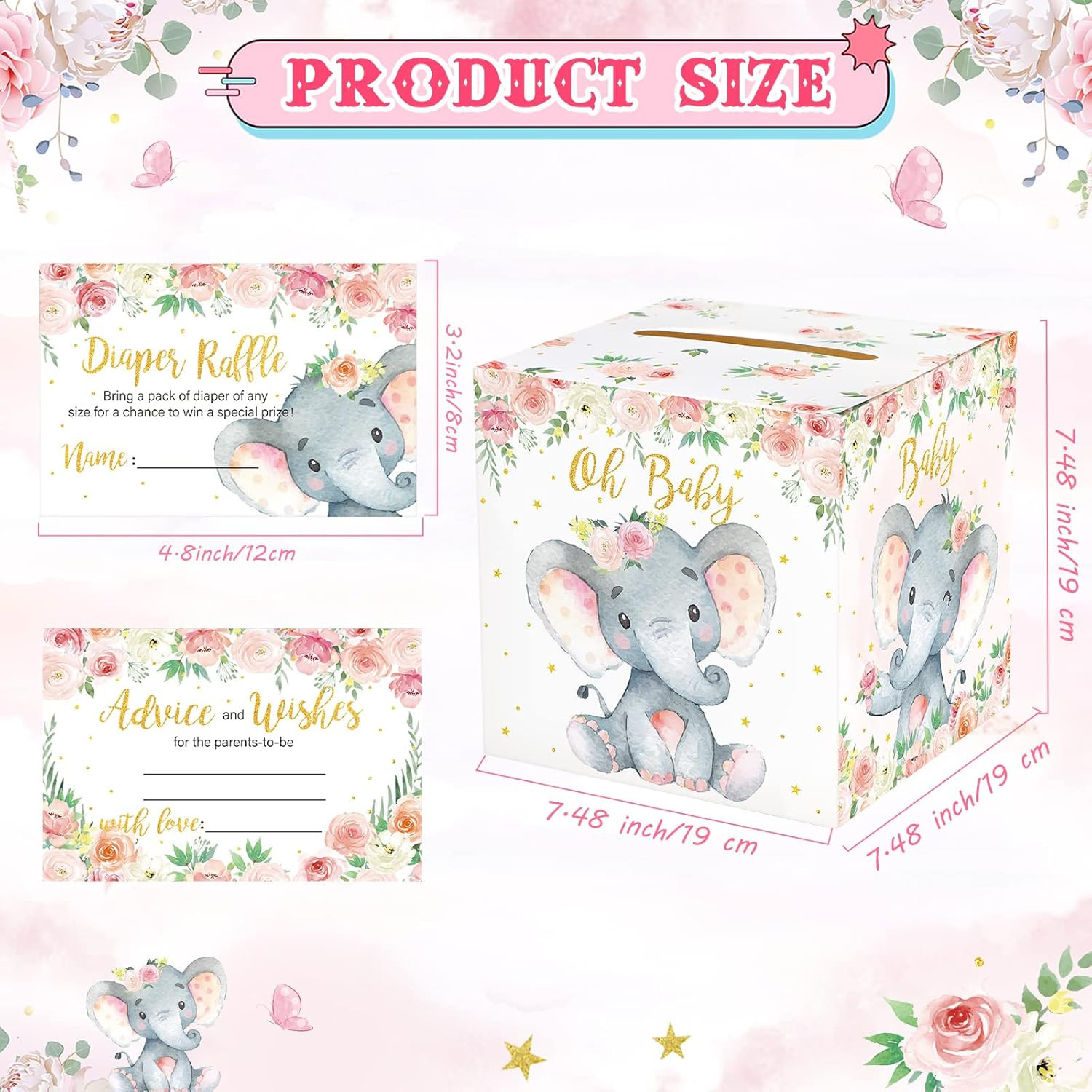 51 Pcs Elephant Diaper Raffle Card Box with Diaper Raffle Tickets Insert Card fo