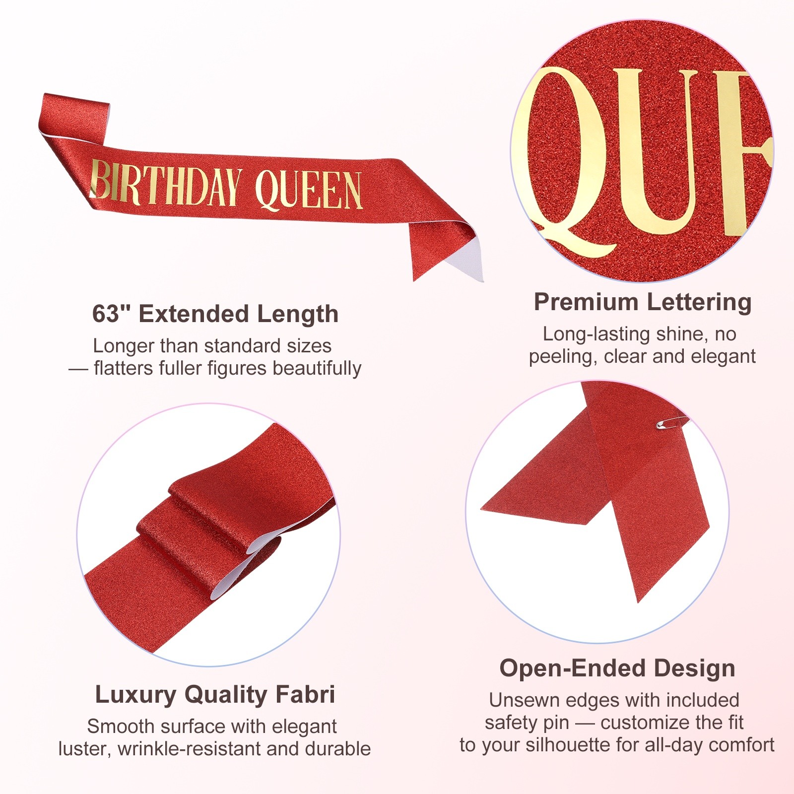 1-Pack Birthday Sash, Sequined Fabric Birthday Gifts Decor [Red]