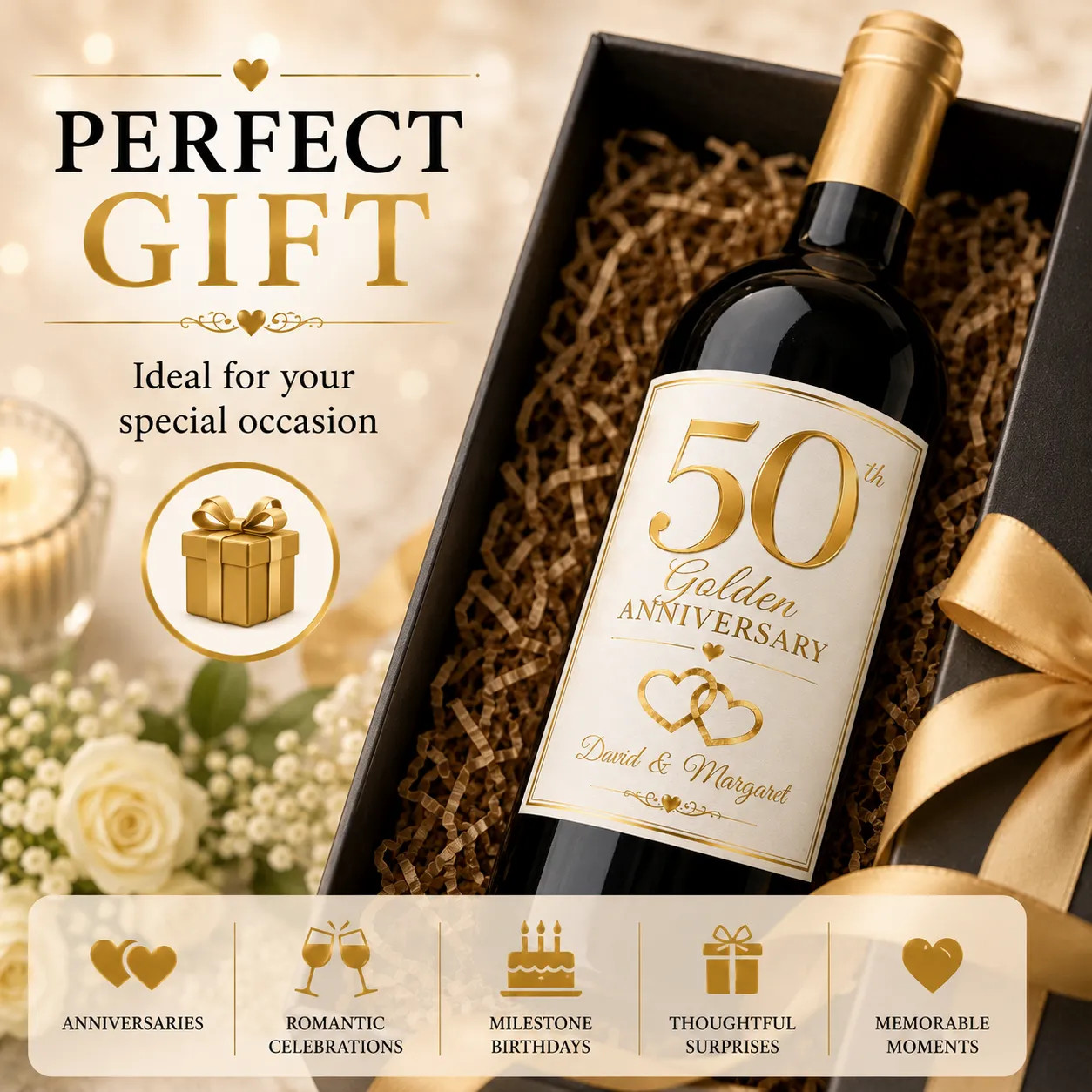 Personalised 50th Golden Anniversary Bottle Label Sticker Custom Wedding Gift