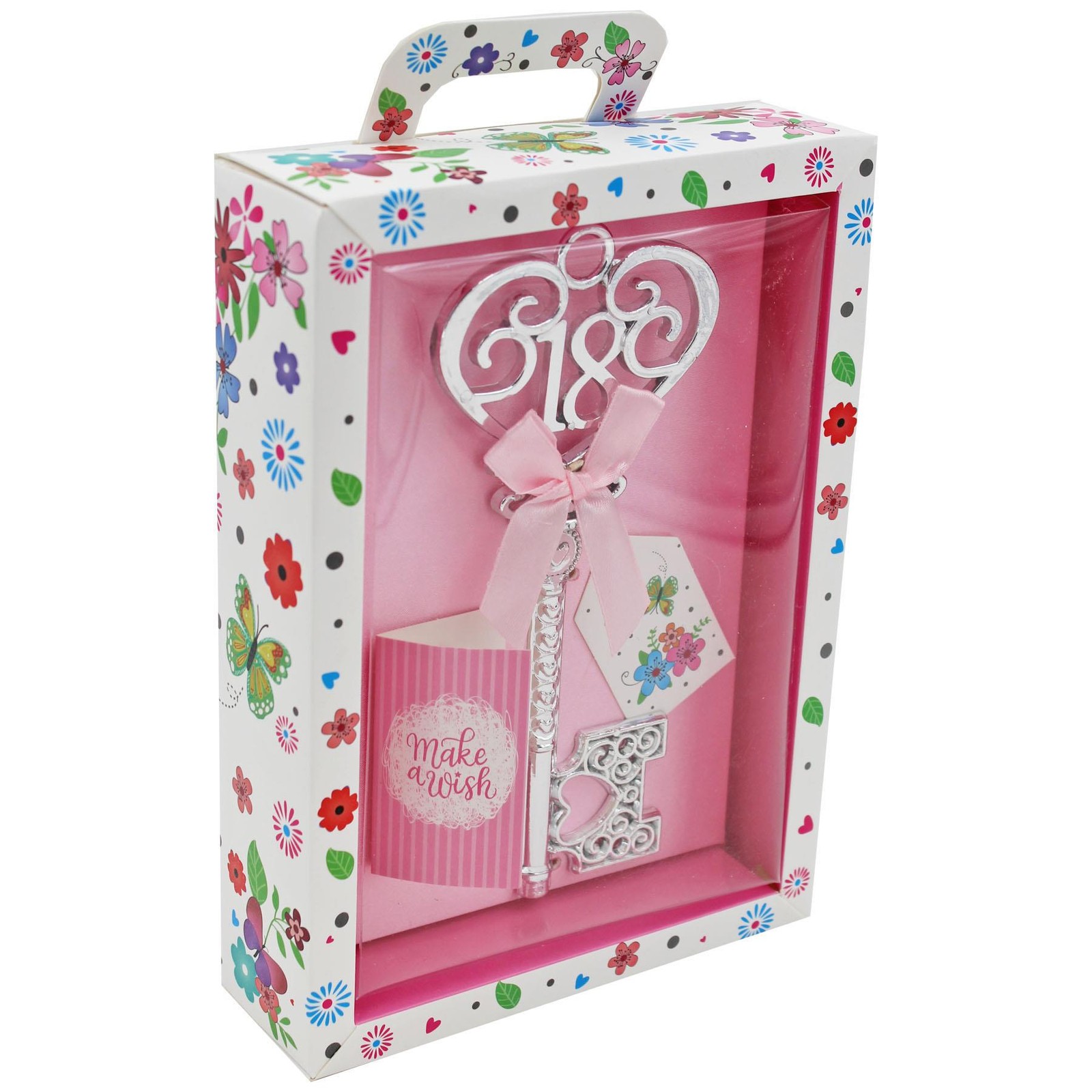 Boxed Silver 18th Birthday Key Keepsake Gift – Pink Design Floral