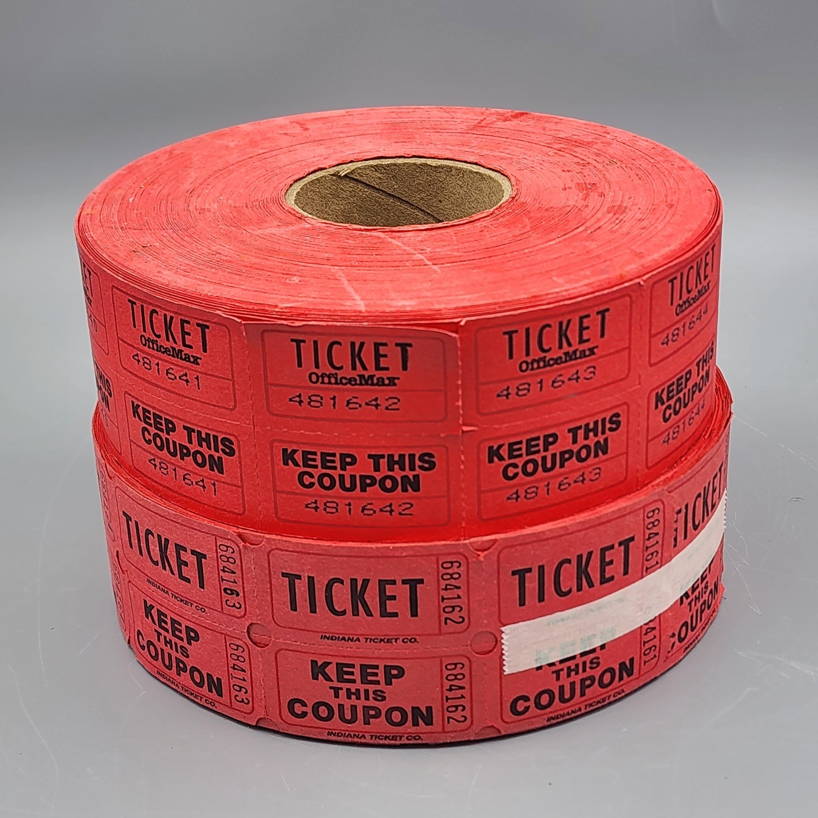 2 Rolls (3,000+) Double Stub Raffle Tickets Red Office Max Indiana Ticket Co