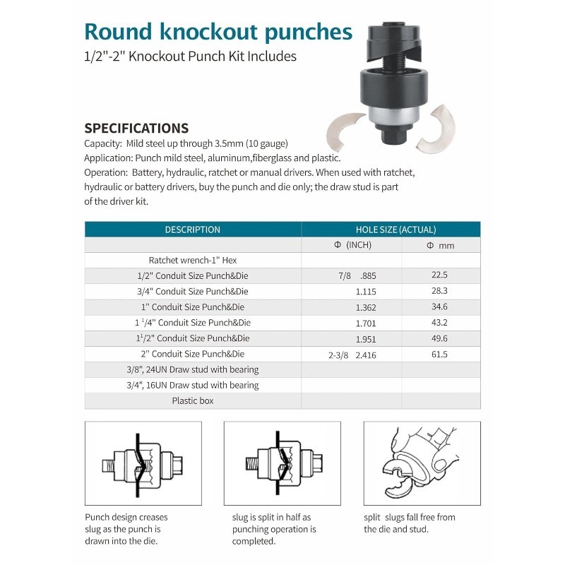 Manual Knockout Hole Punch Driver Kit 1/2 to 2 inch Electrical Conduit