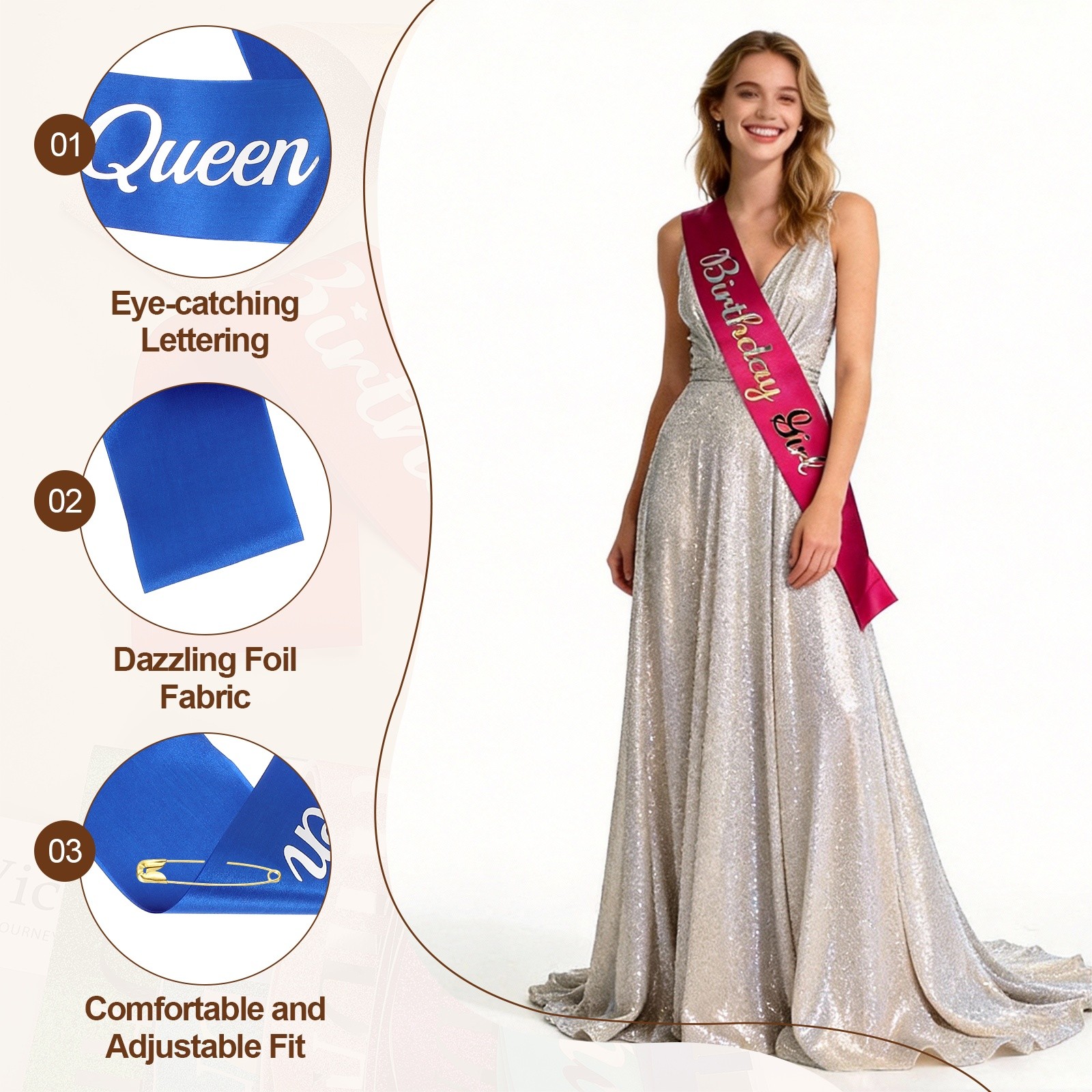 Blue Birthday Queen Sash with Pin Silver Foil Lettering for Party