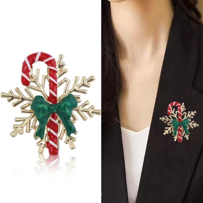 Classical Christmas Brooch Pin Alloy Snowflake Cane Design For Seasonal Styling
