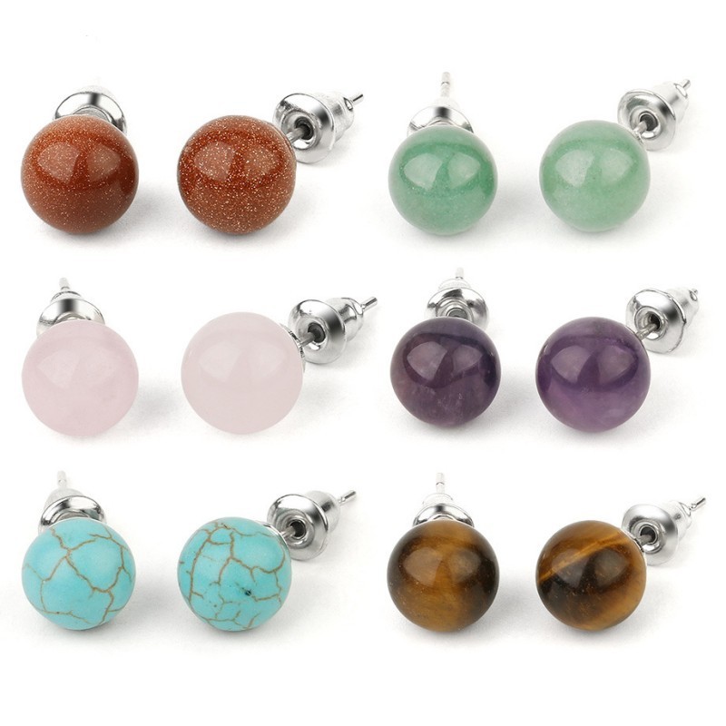 Gemstone Ball Stud Earrings – Healing Crystal Round Bead Ear Studs for Women