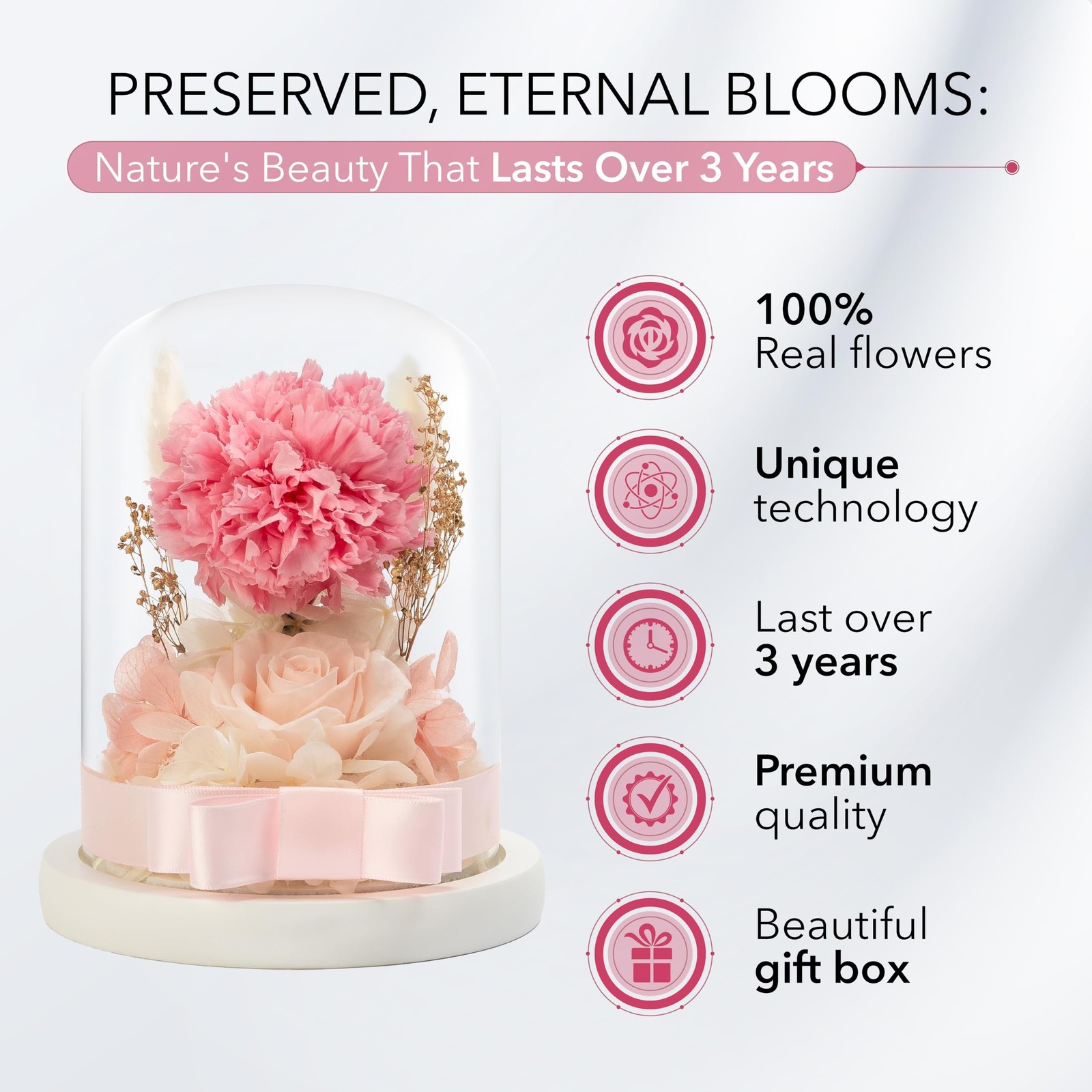 Flowers: Preserved Rose and Carnation in Glass Dome – Romantic Home Decor and…