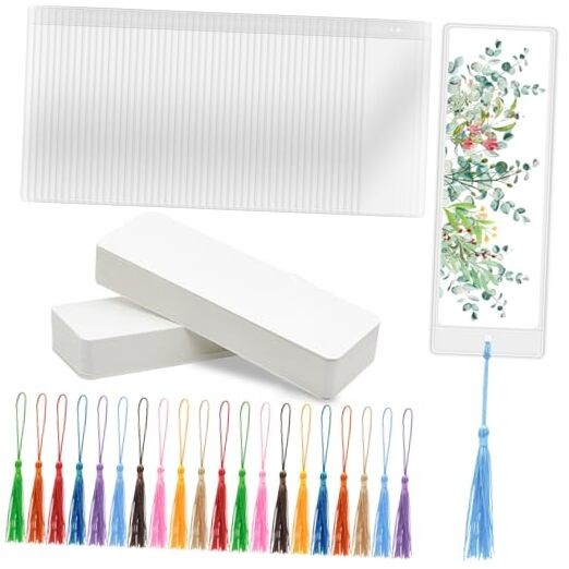 100 PCS Blank Bookmarks, 100 PCS Clear Bookmark Sleeves and 100 Colorful