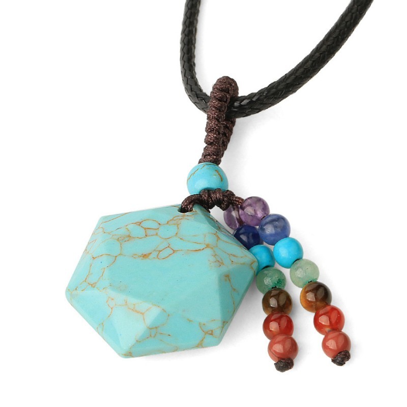Hexagon Pendant 7 Chakra Beaded Necklace, Healing Crystal Spiritual Jewelry Gift