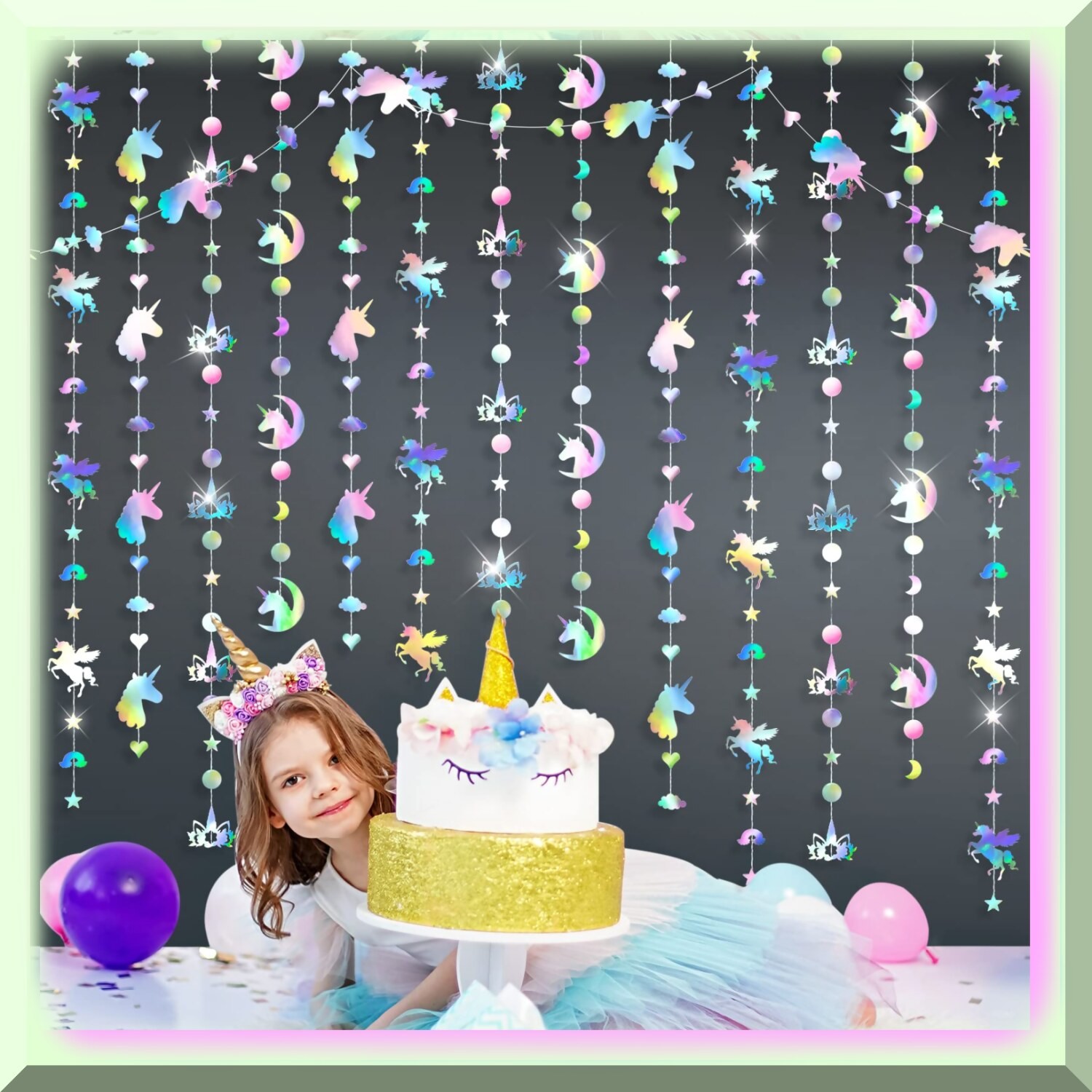 Unicorn Party Decorations with Iridescent Swirls and Garland
