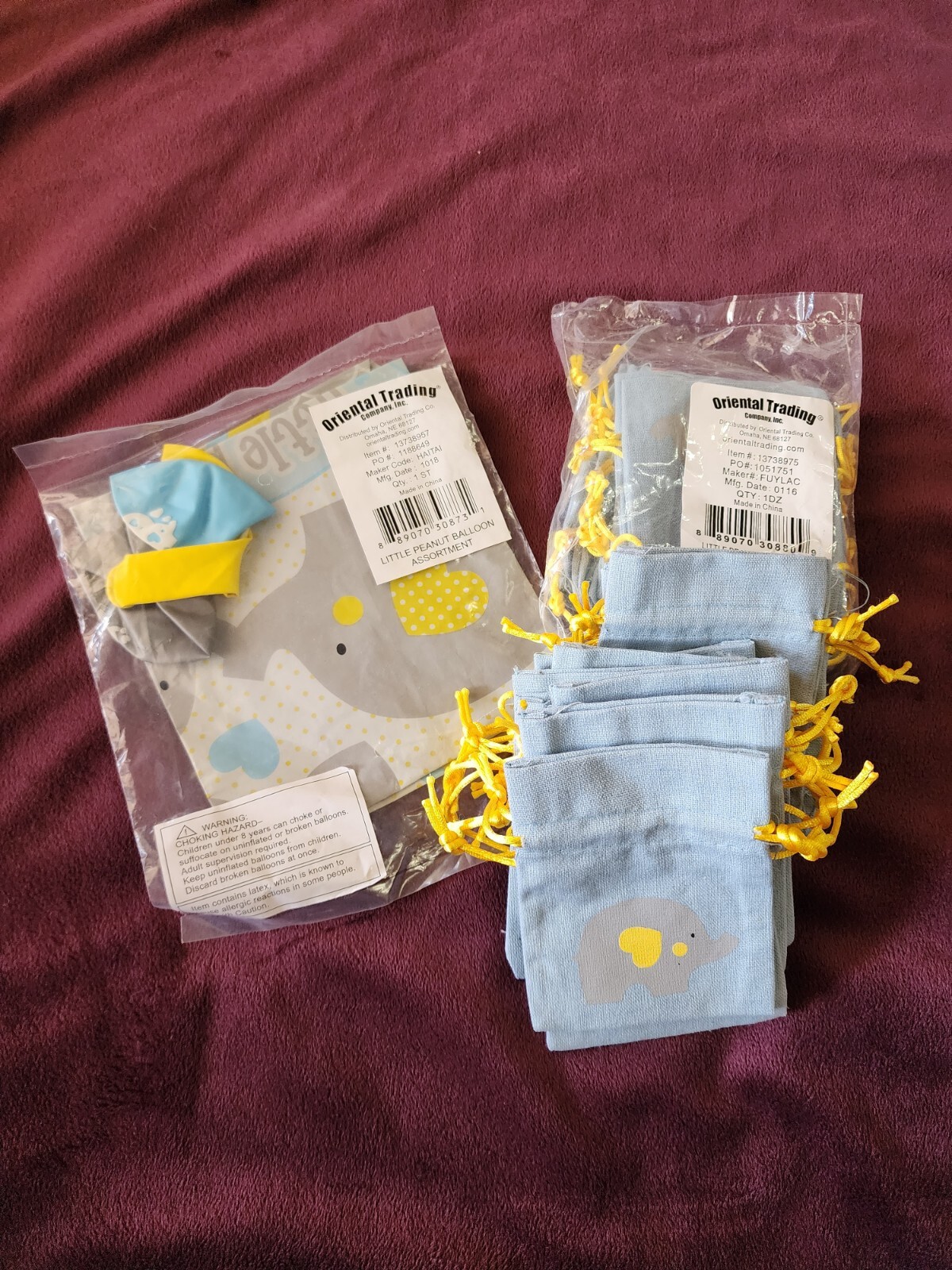 Little Peanut (Elephant) Baby Shower – 26x Fabric Favor Bags & 4x Balloons NEW