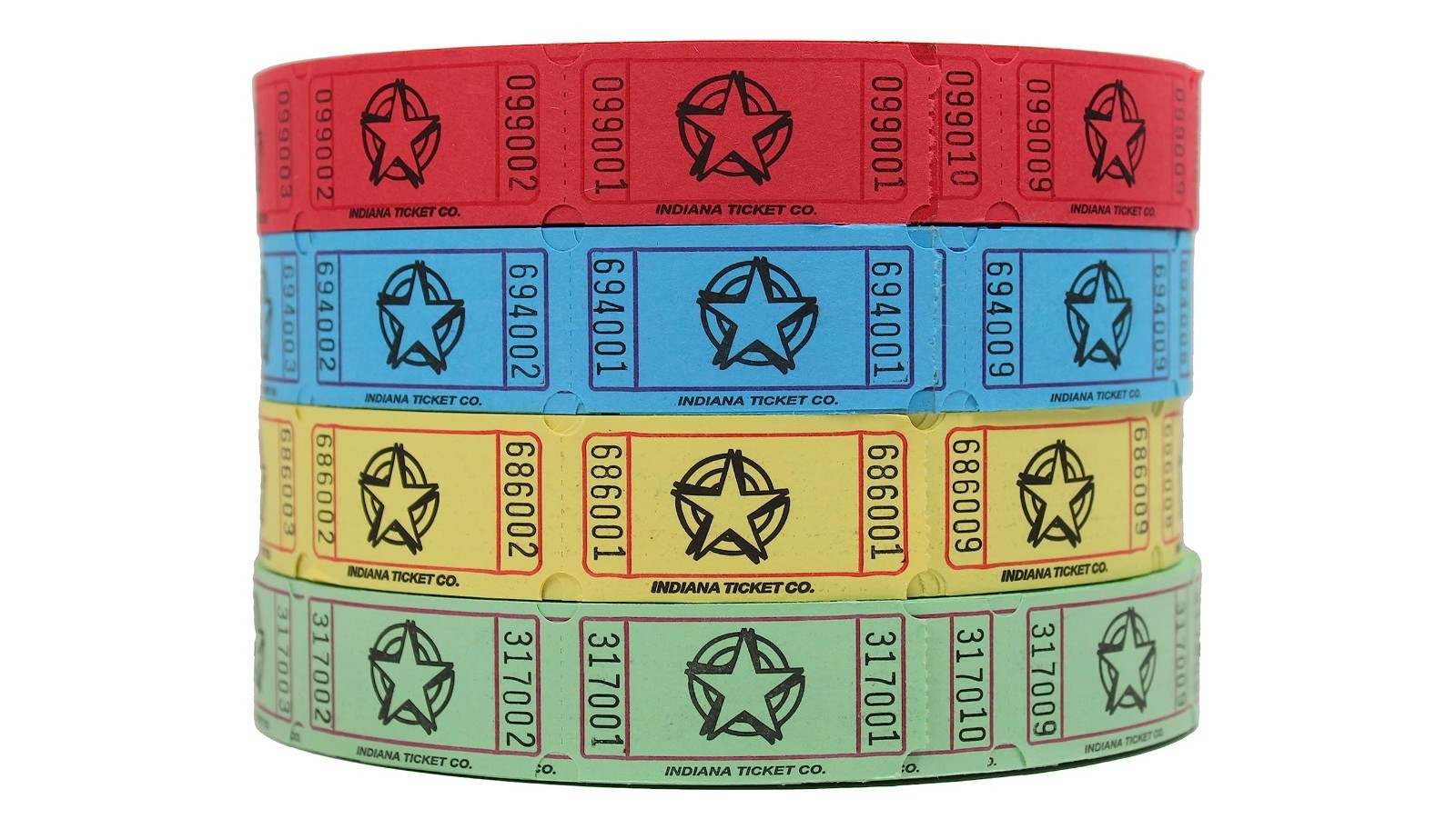 Raffle Roll Tickets – 8000 Total in Blue, Red, Yellow & Green – 1×2 Admission, E