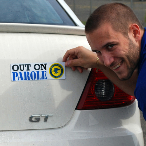 OUT ON PAROLE Car Magnet – Vicious Mean Joke Jail Prank!