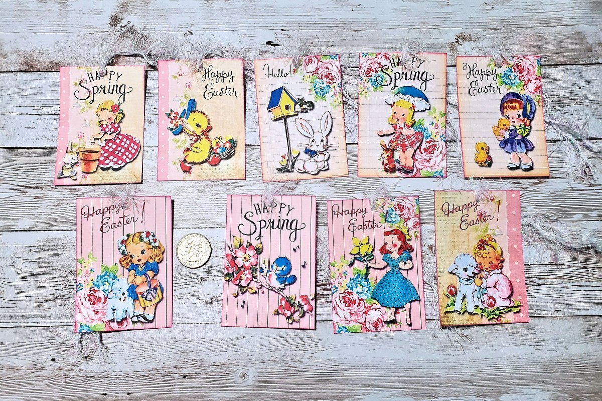9~Easter~Retro~Vintage~Bunnies~Birds~Linen Cardstock~Gift~Hang~Tags