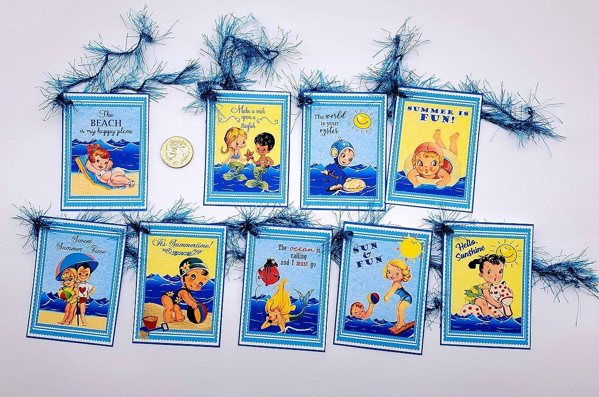 9-Retro-Summertime-Beach-Kids-Journal-Linen Cardstock-Gift-Hang-Tags