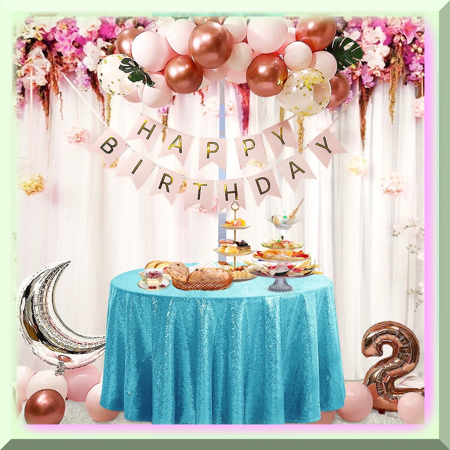 Turquoise Sequin Round Party Tablecloth