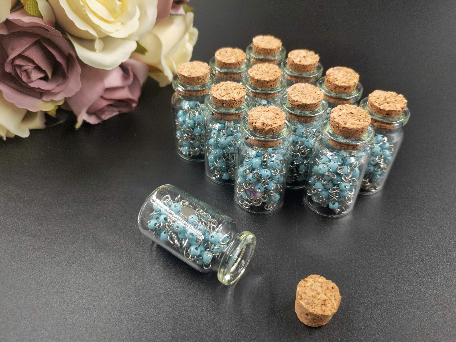 US 12pcs Blue Beaded Rosary Necklace in Wishing Bottle Bag Gifts for Guests