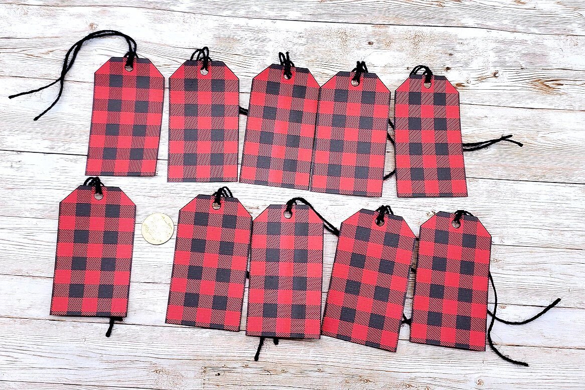 10-Christmas-Farmhouse-Buffalo Check-Lumberjack-Linen Cardstock-Gift-Hang-Tags