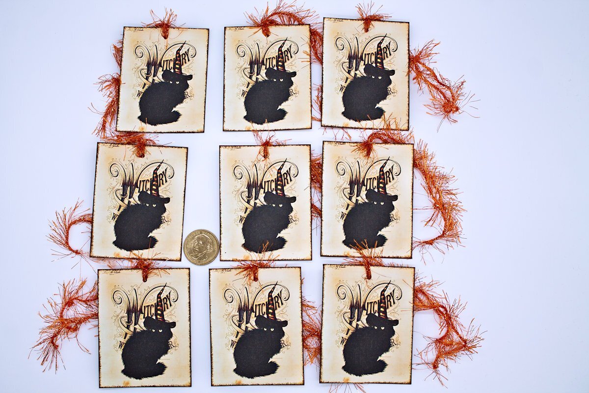 9~Halloween~Vintage Style~Cat Witch~Linen Cardstock~Gift~Hang~Tags