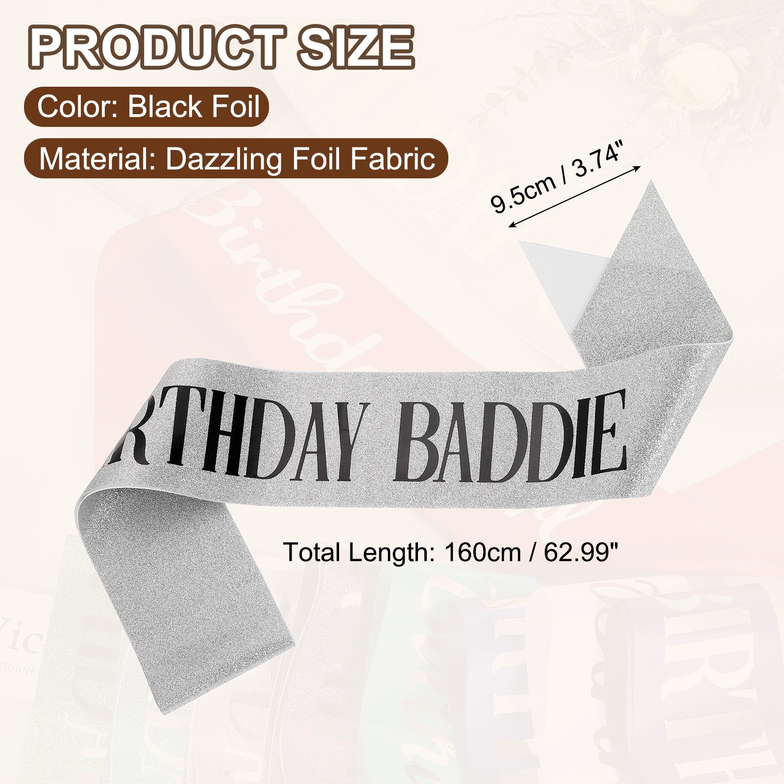 Birthday Baddie Sash with Pin Black Foil Lettering for Party, Silver
