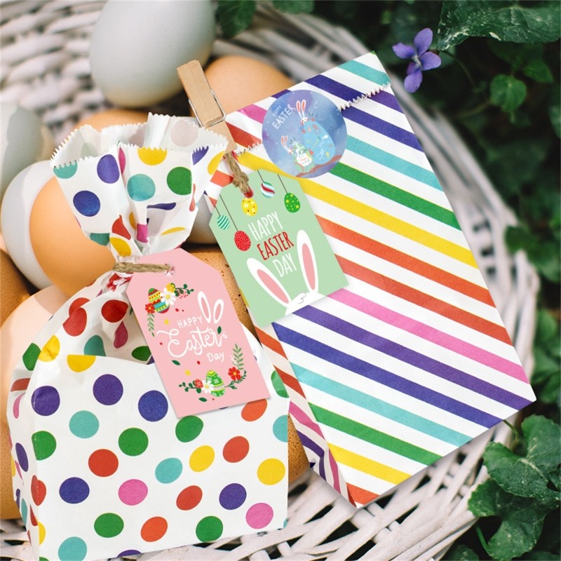 DIY Easter Gift Paper Bags Set include Bag Clips Stickers Hanging Tags Rope