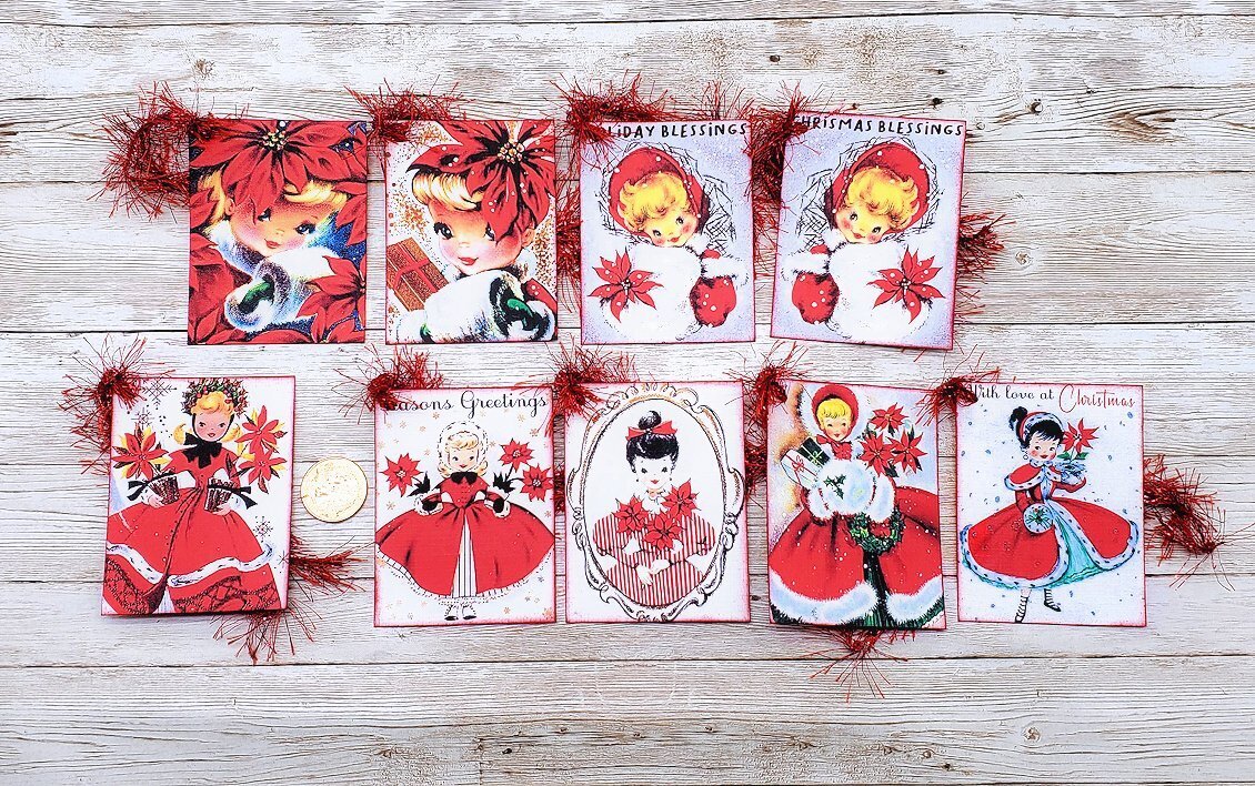 9-Christmas-Retro-Girls-Poinsettia-Journal-Linen Cardstock-Gift-Hang-Tags