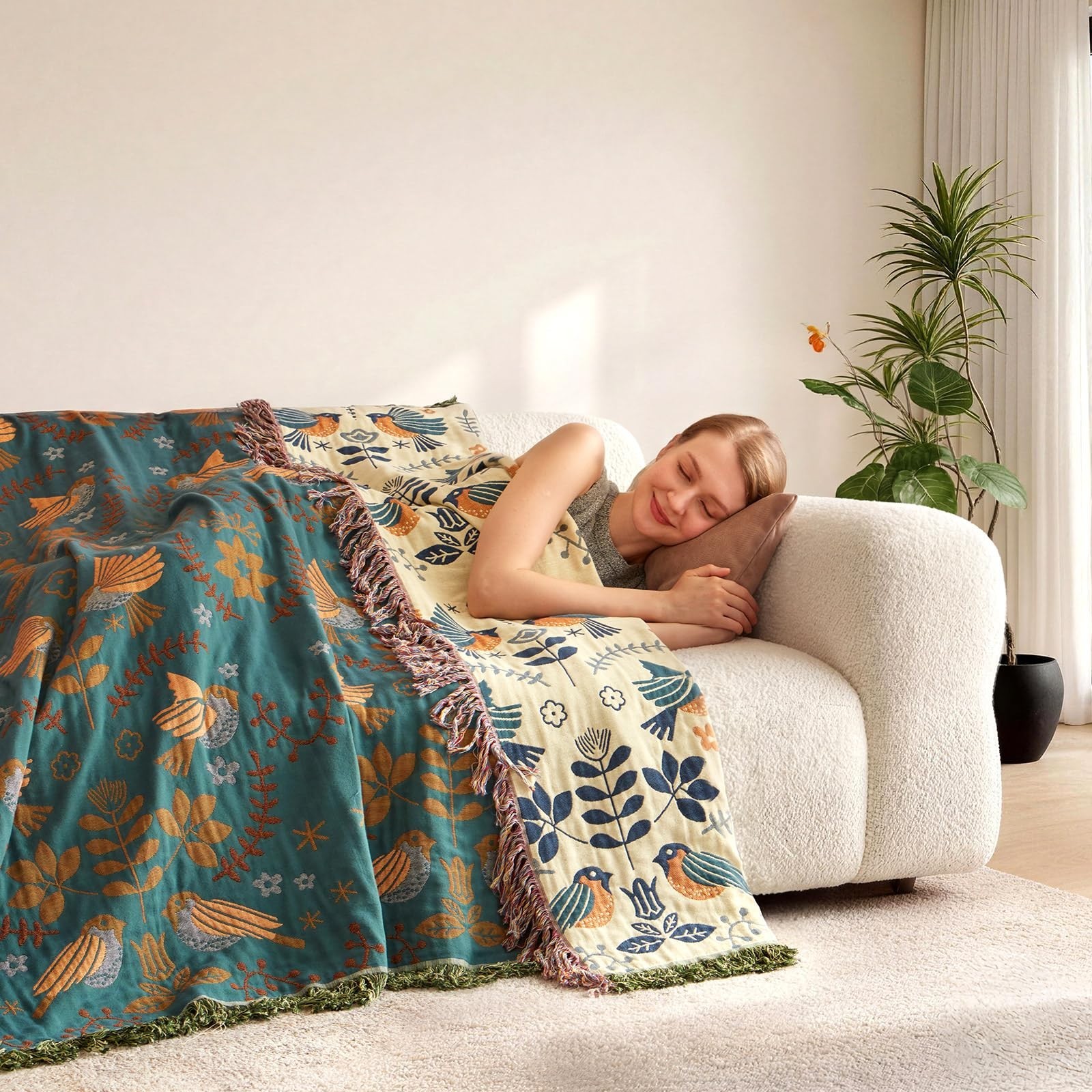 King Throw Blanket for Bed 100% Cotton Boho Soft Rustic Quilt Birds and Flora…