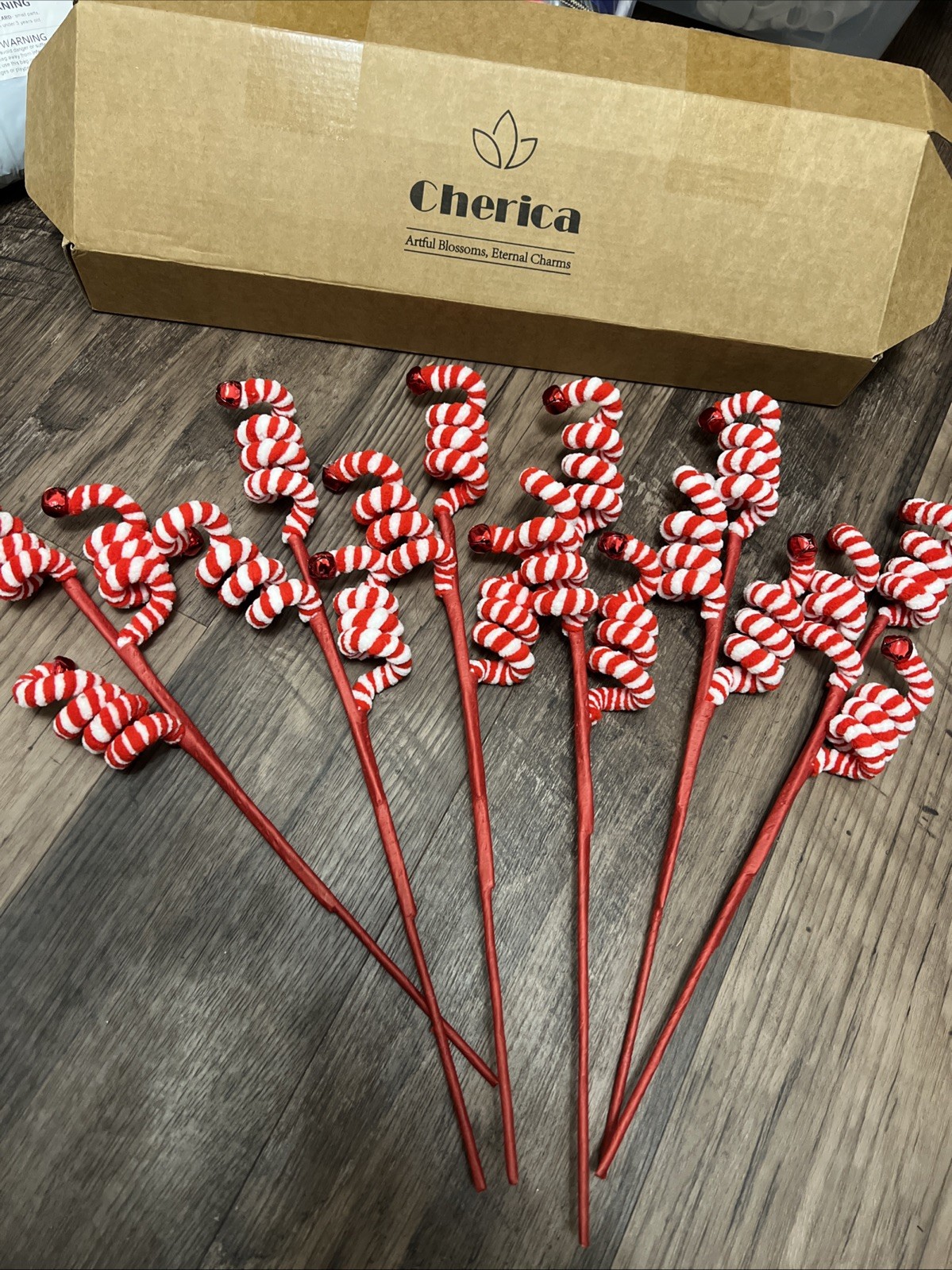 Christmas Decoration Wool Bells Red/White Curly Pick Branch Ornament Candy Decor