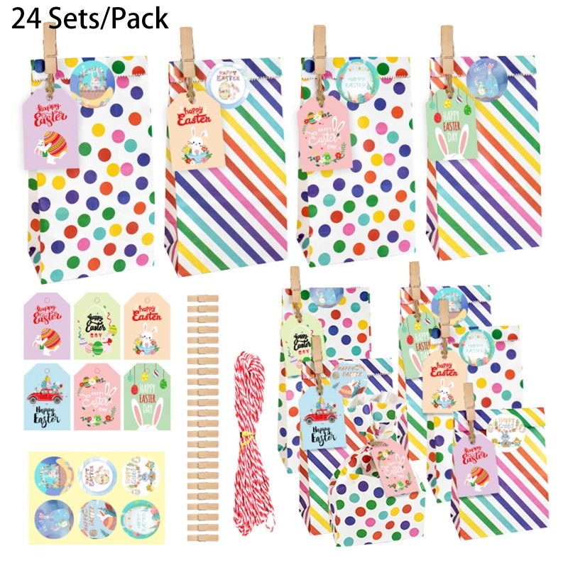 DIY Easter Gift Paper Bags Set include Bag Clips Stickers Hanging Tags Rope