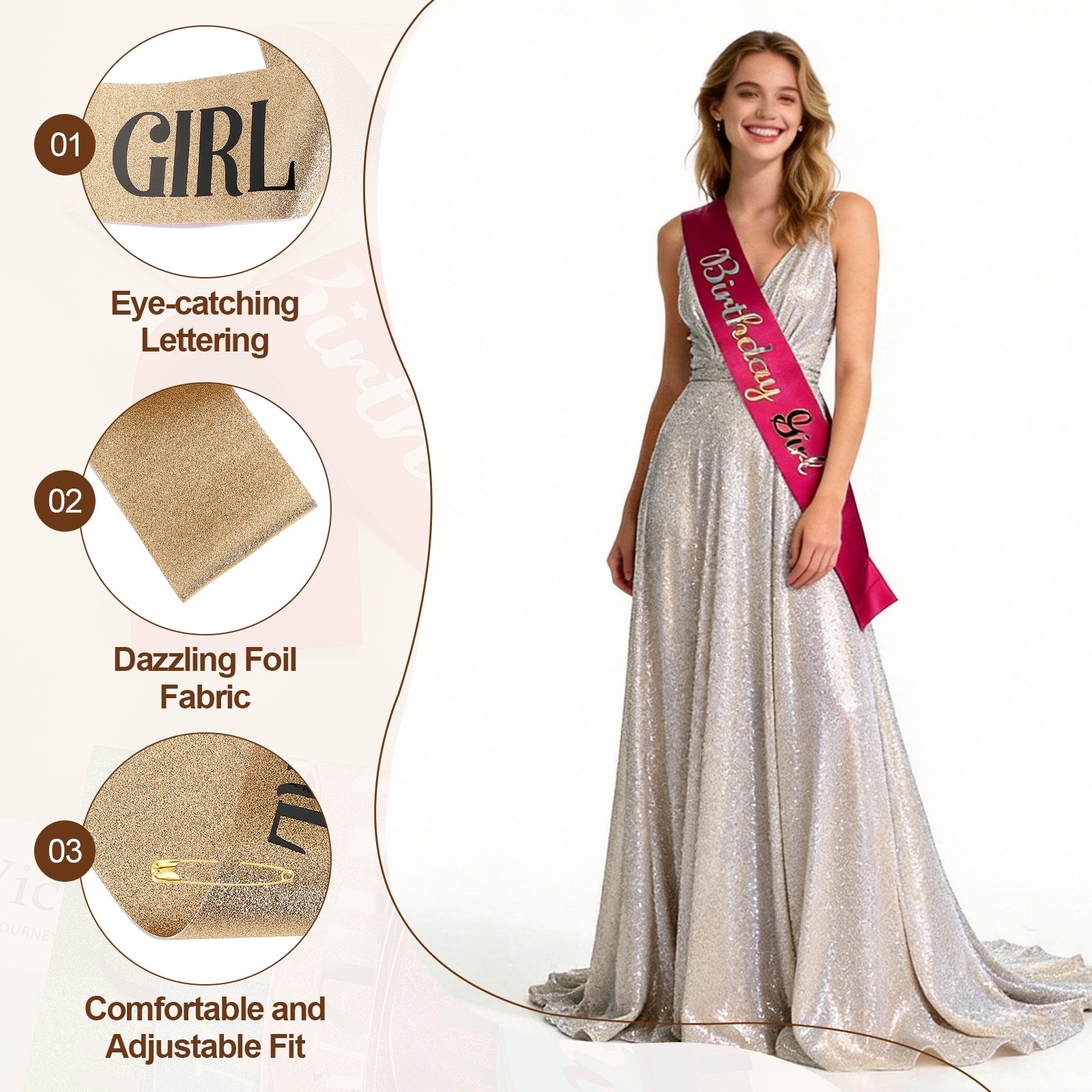 Birthday Girls Sash with Pin Black Lettering for Party, Rose Gold