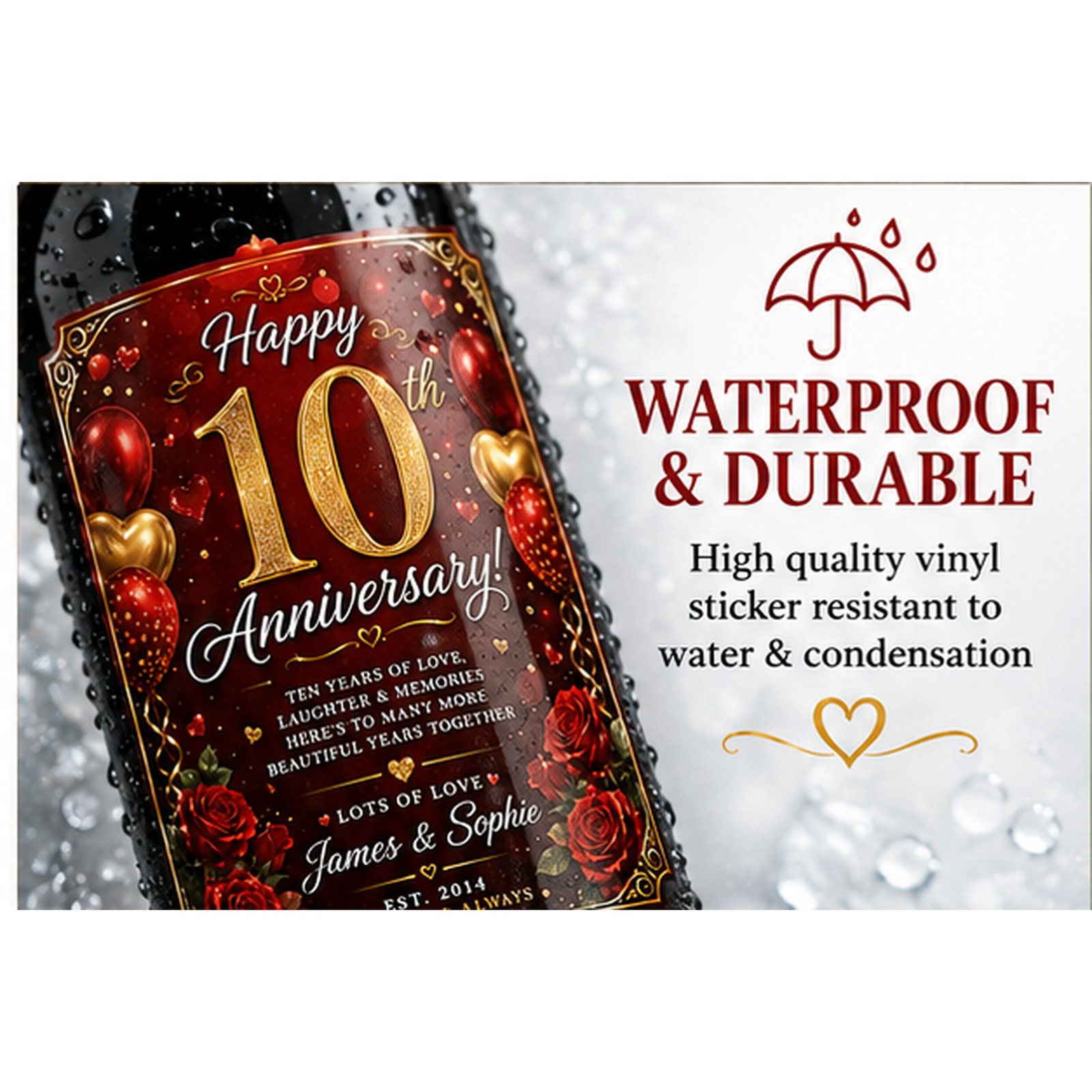 Personalised 10th Anniversary Bottle Label Sticker Wine Gift Red Rose