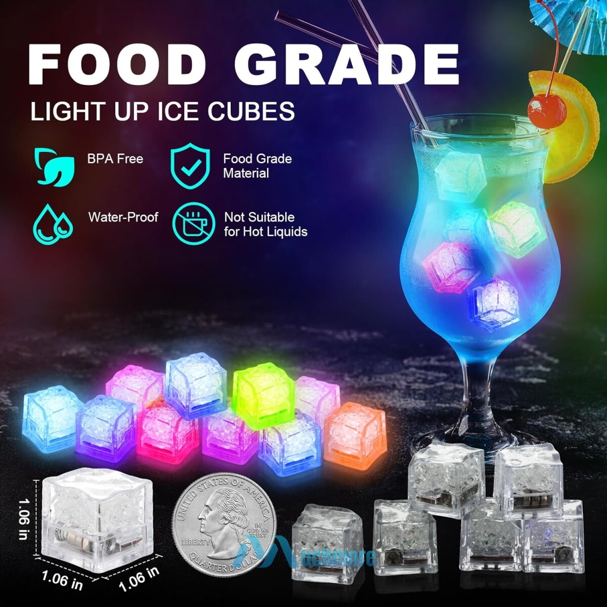 20Pcs Multi Color Flash LED Ice Cube Water-Activated Flashing Blinking Glowing
