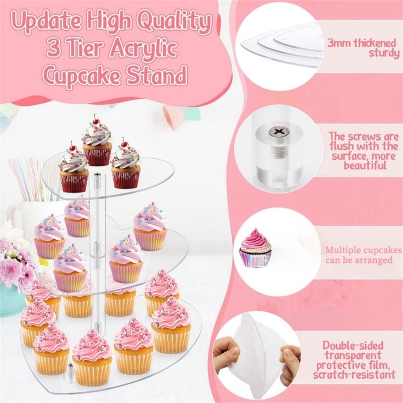 Elegant Heart Shaped Triple Tiers Cupcake Holder Stand for Birthday Dessert Rack