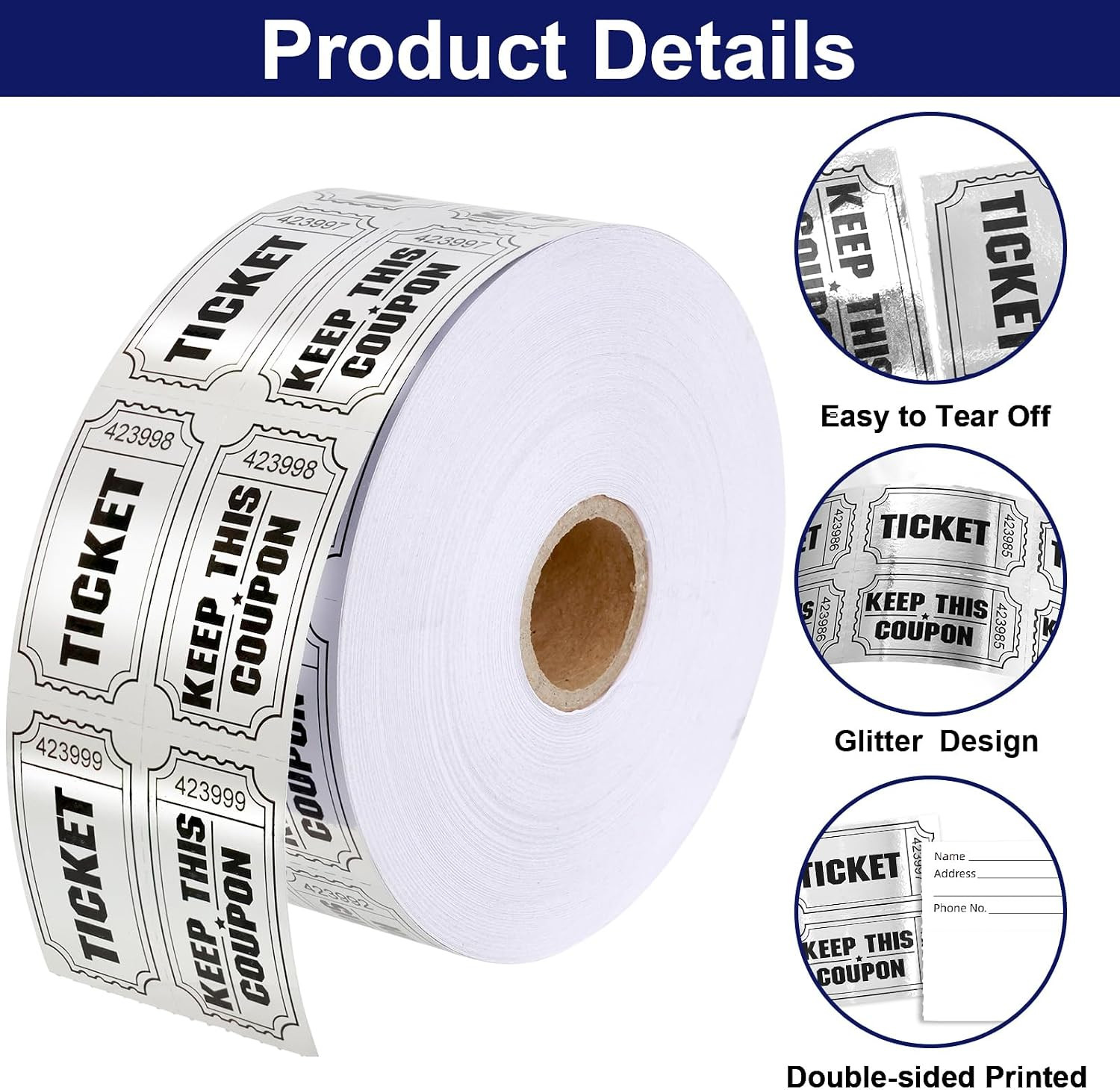1000 Raffle Tickets Double Roll Metallic Silvery Foil Ticket for Events Carni…