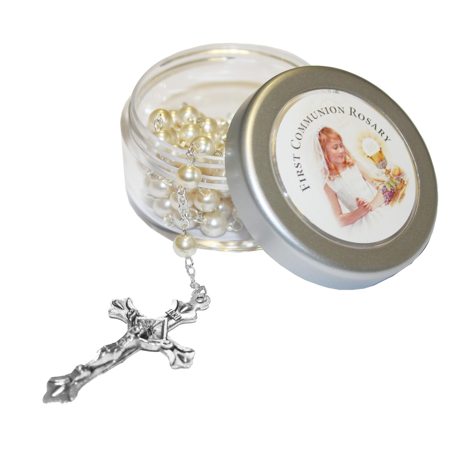 First Holy Communion Pearlised Rosary Beads in Plastic Pot