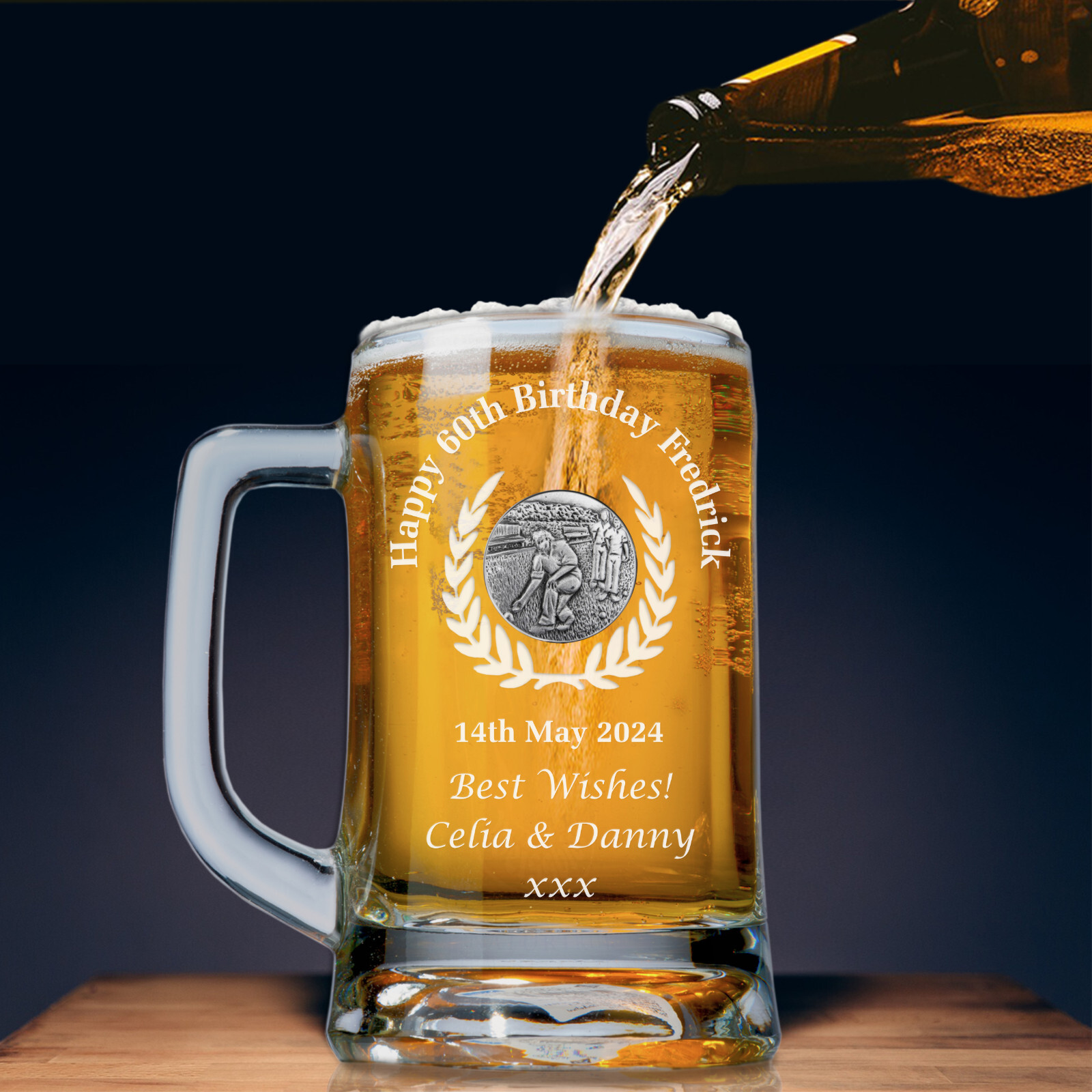 Lawn Bowls Birthday Gift Engraved Tankard 60th 70th Lager Ale Glass Beer Mug