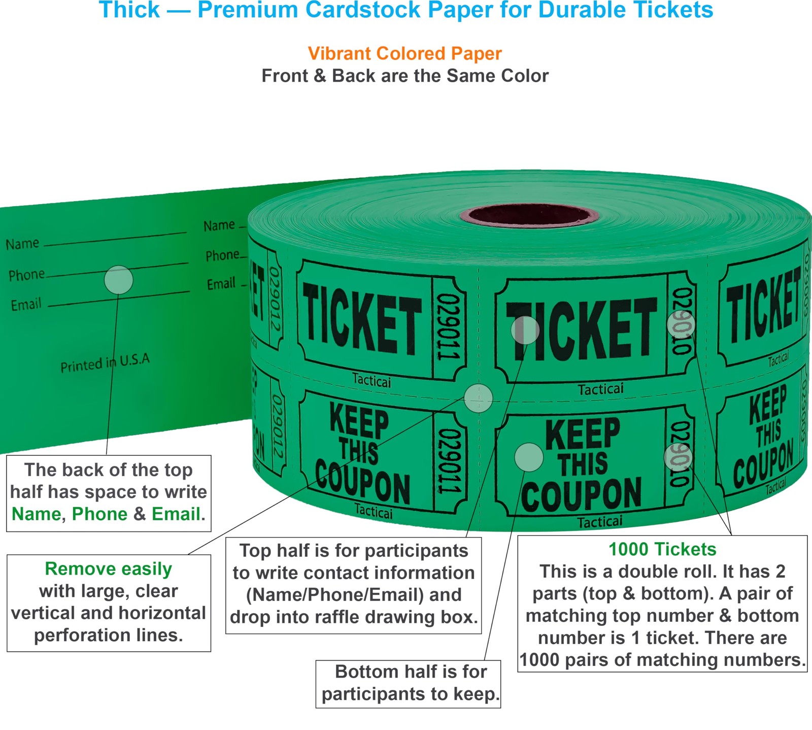 1000 Raffle Tickets Green Double Roll Entry Event Fundraiser Prize Party Tool