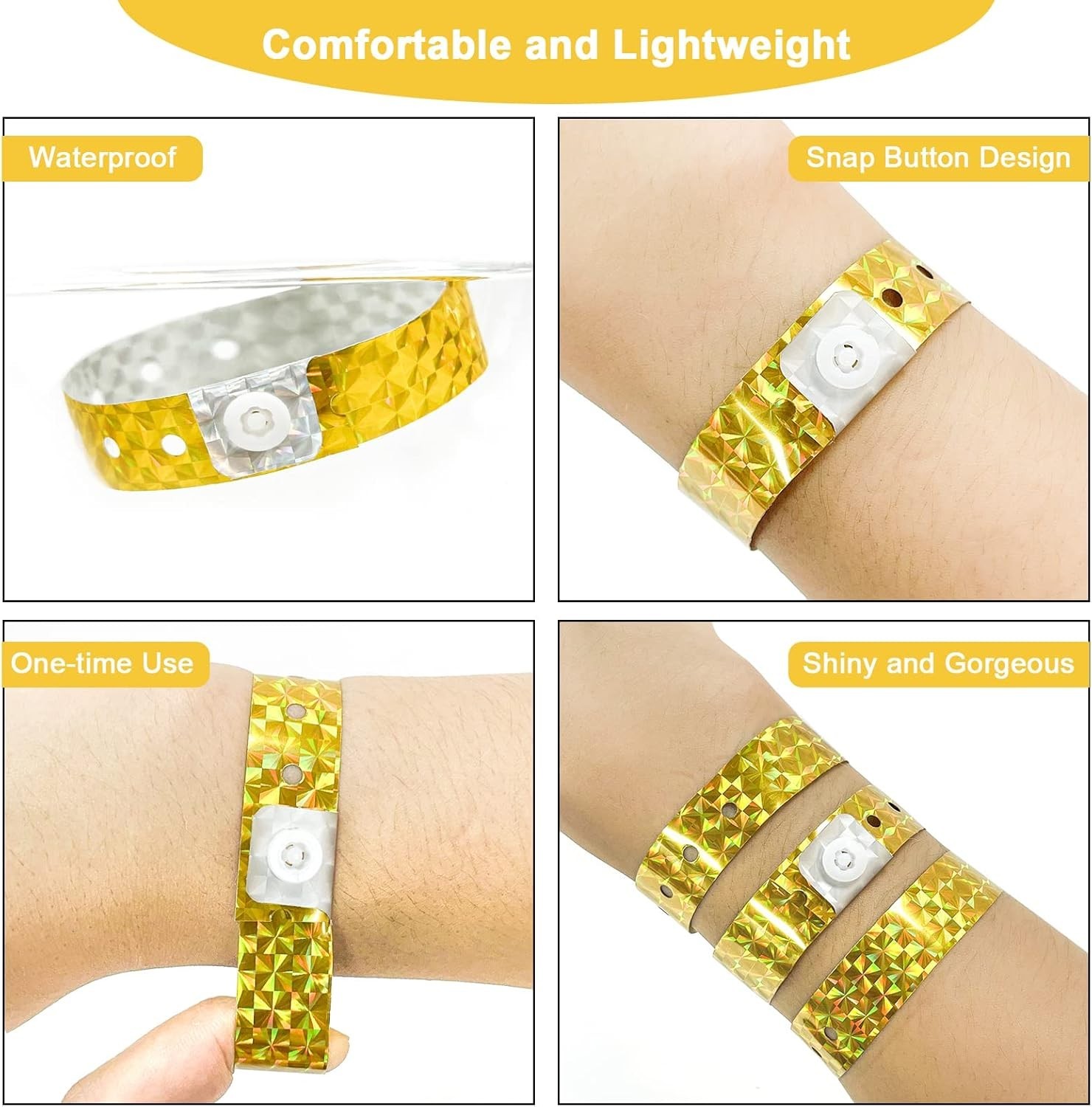 Ouchan Holographic Plastic Wristbands Gold-100 Pack for Events Parties