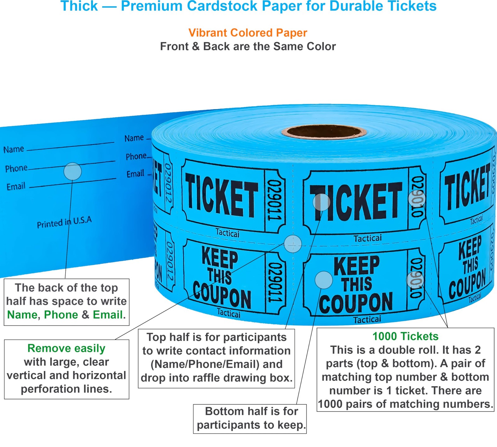 1000 Raffle Tickets, Blue (1 of 8 Colors), Double Roll, Ticket for Events, En…