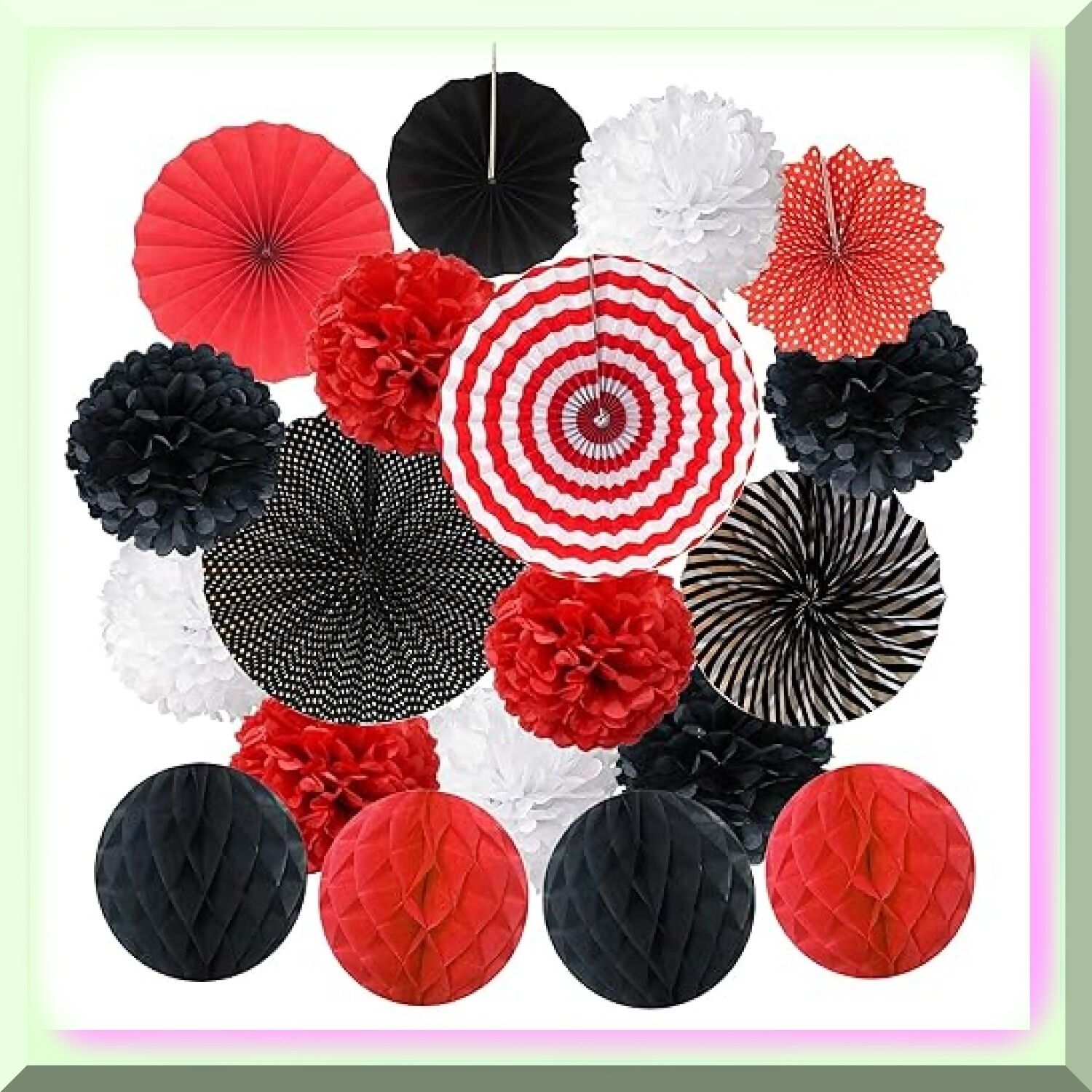 Party Decor Set with Tissue Pom Poms Fans and Honeycomb Balls