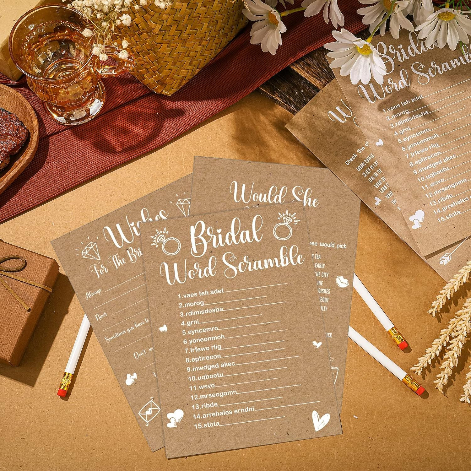 145Pcs Rustic Kraft Bridal Shower Games Set 5 Fun Wedding Party Games 25 Guests!