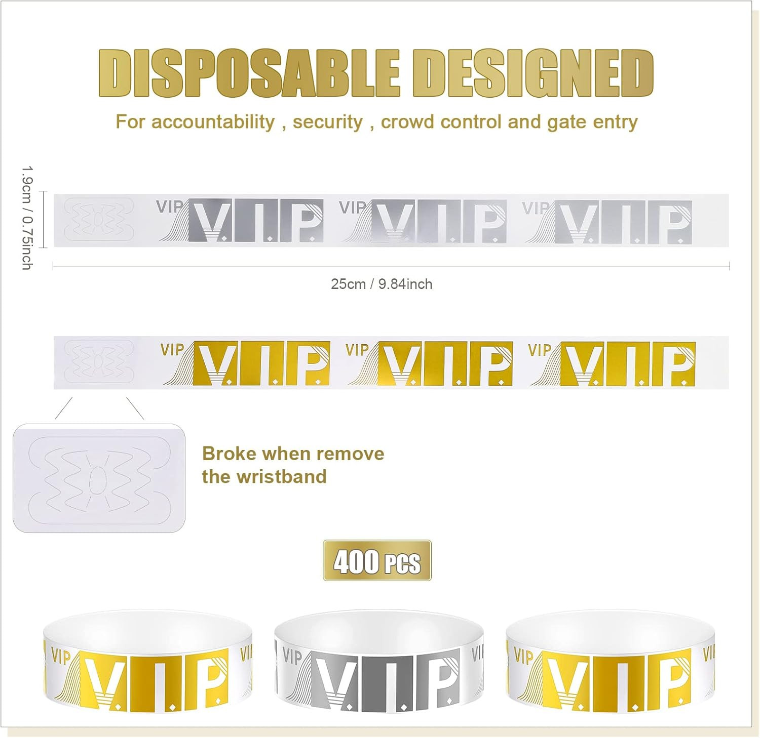 400 Pcs VIP Wristbands for Events Waterproof Party Armbands Gold and Silver Pape