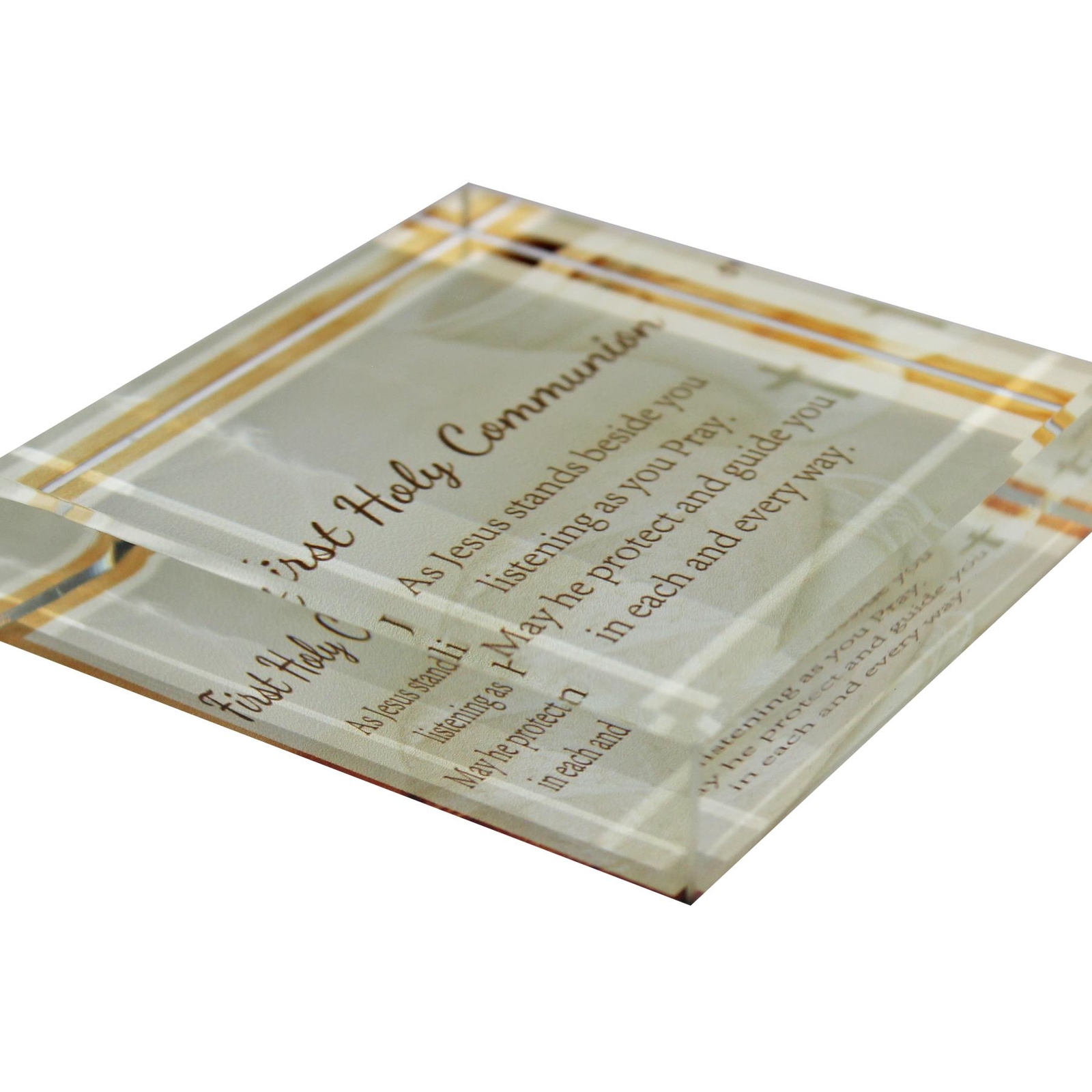 Glass Block Paperweight with Wording – First Holy Communion